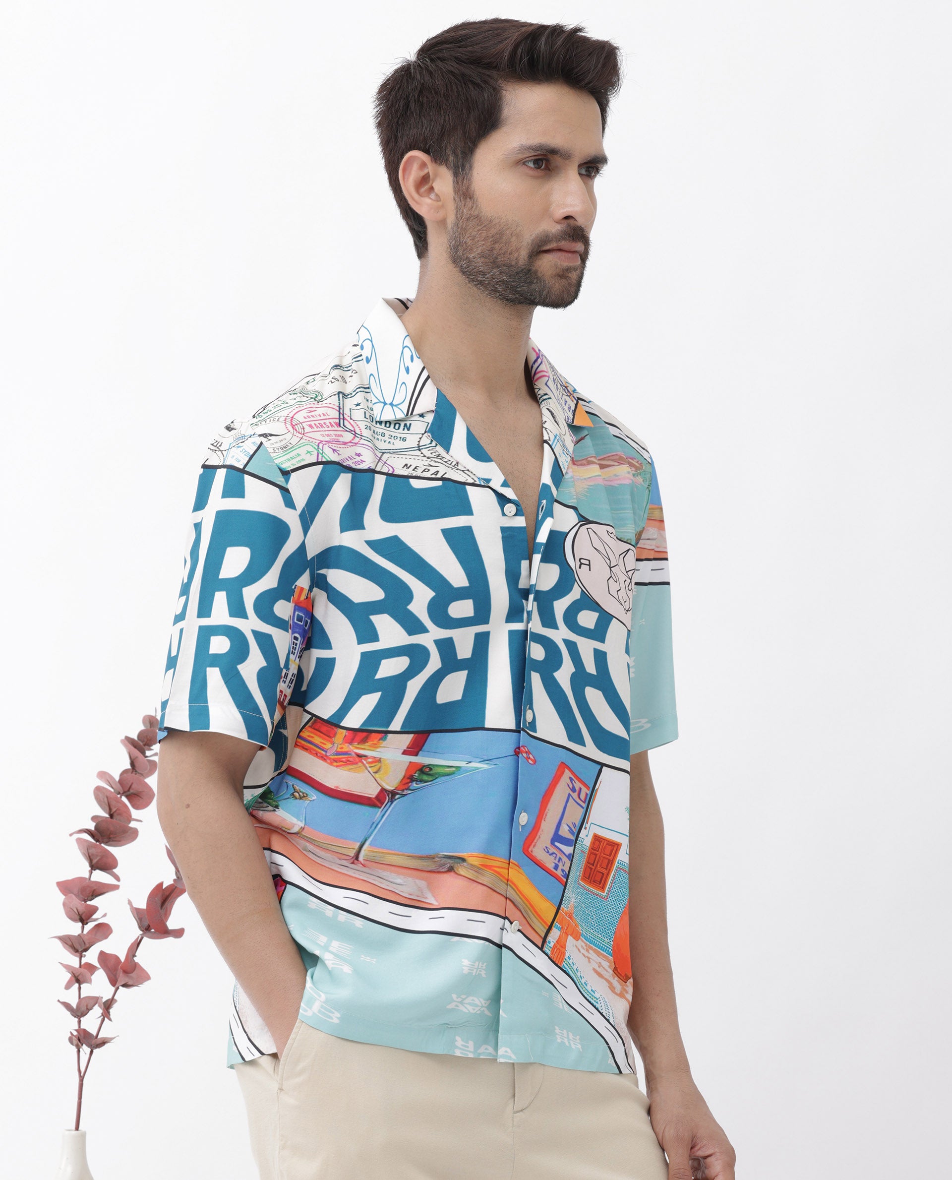 Rare Rabbit Men's Minos Light Blue Viscose Fabric Half Sleeves Cuban Collar Boxy Fit Abstract Print Shirt