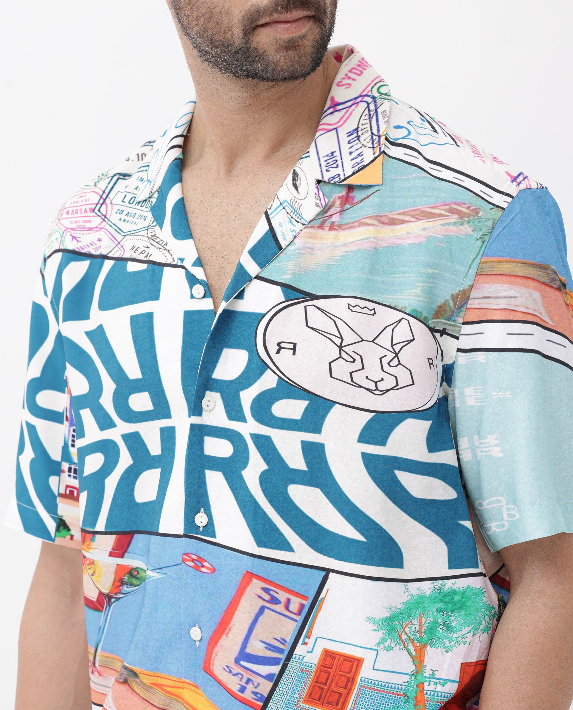 Rare Rabbit Men's Minos Light Blue Viscose Fabric Half Sleeves Cuban Collar Boxy Fit Abstract Print Shirt