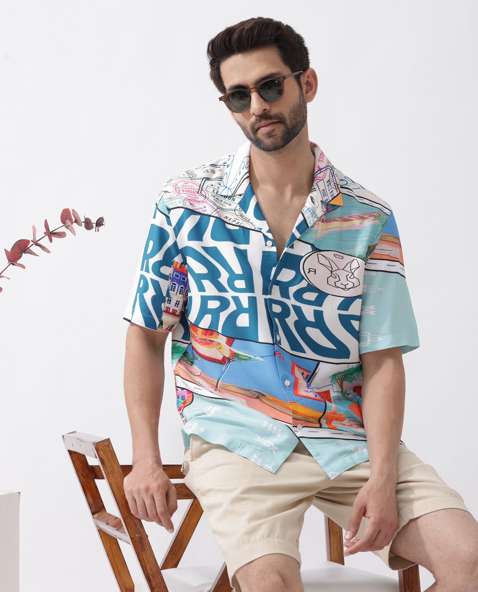 Rare Rabbit Men's Minos Light Blue Viscose Fabric Half Sleeves Cuban Collar Boxy Fit Abstract Print Shirt