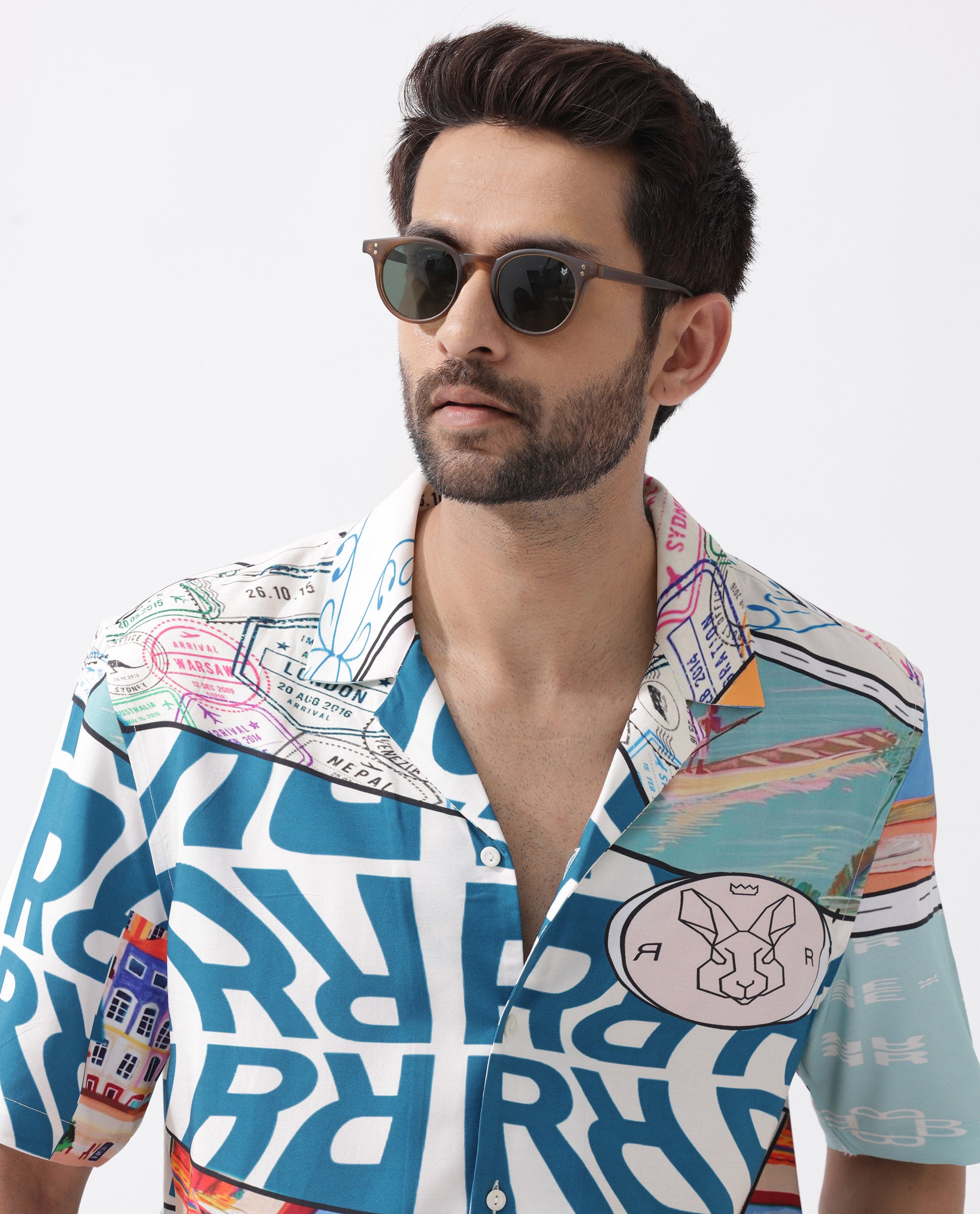 Rare Rabbit Men's Minos Light Blue Viscose Fabric Half Sleeves Cuban Collar Boxy Fit Abstract Print Shirt