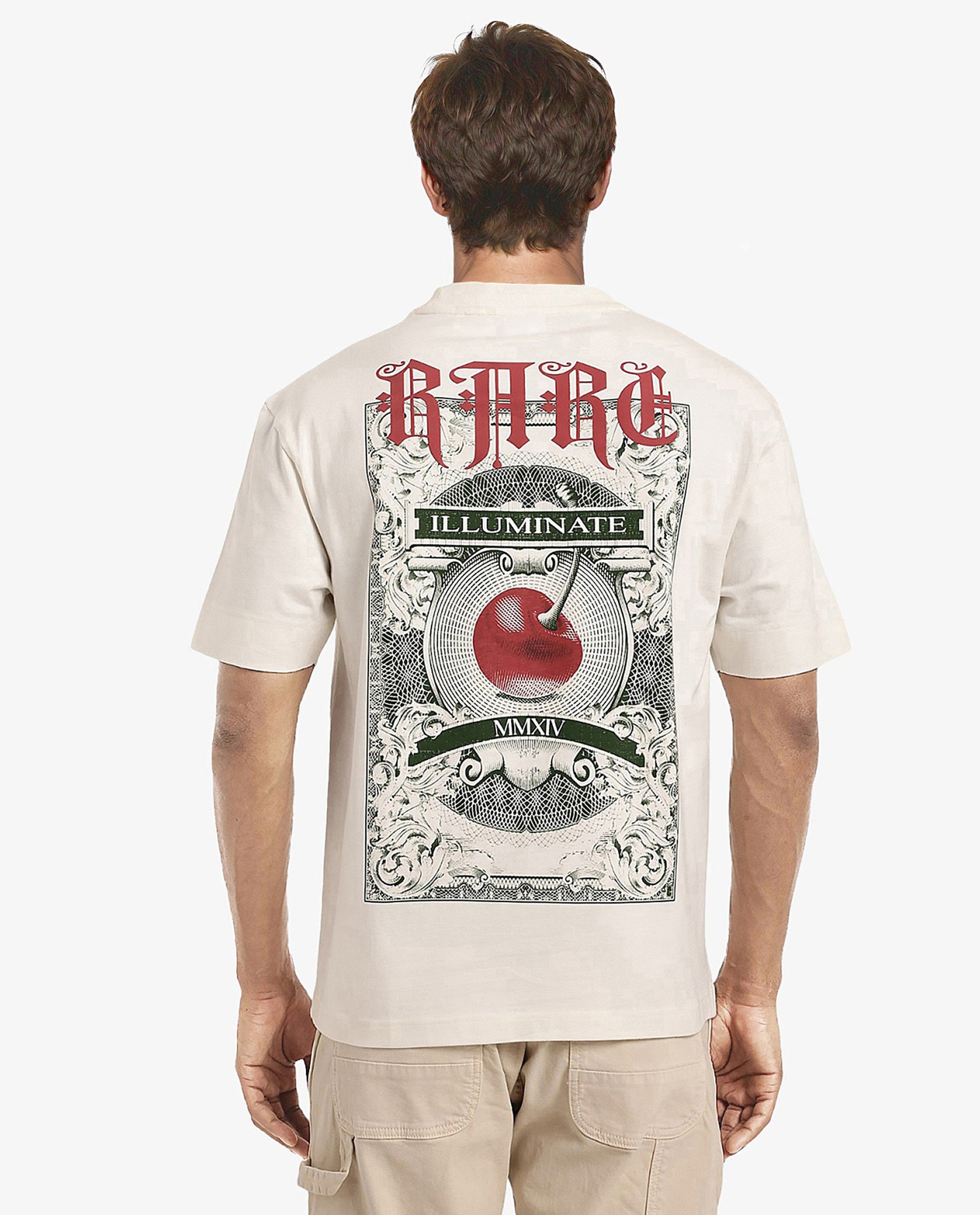 Rare Rabbit Men Mint Off White Cotton Fabric Short Sleeve Crew Neck Oversized Fit Graphic Print T-Shirt