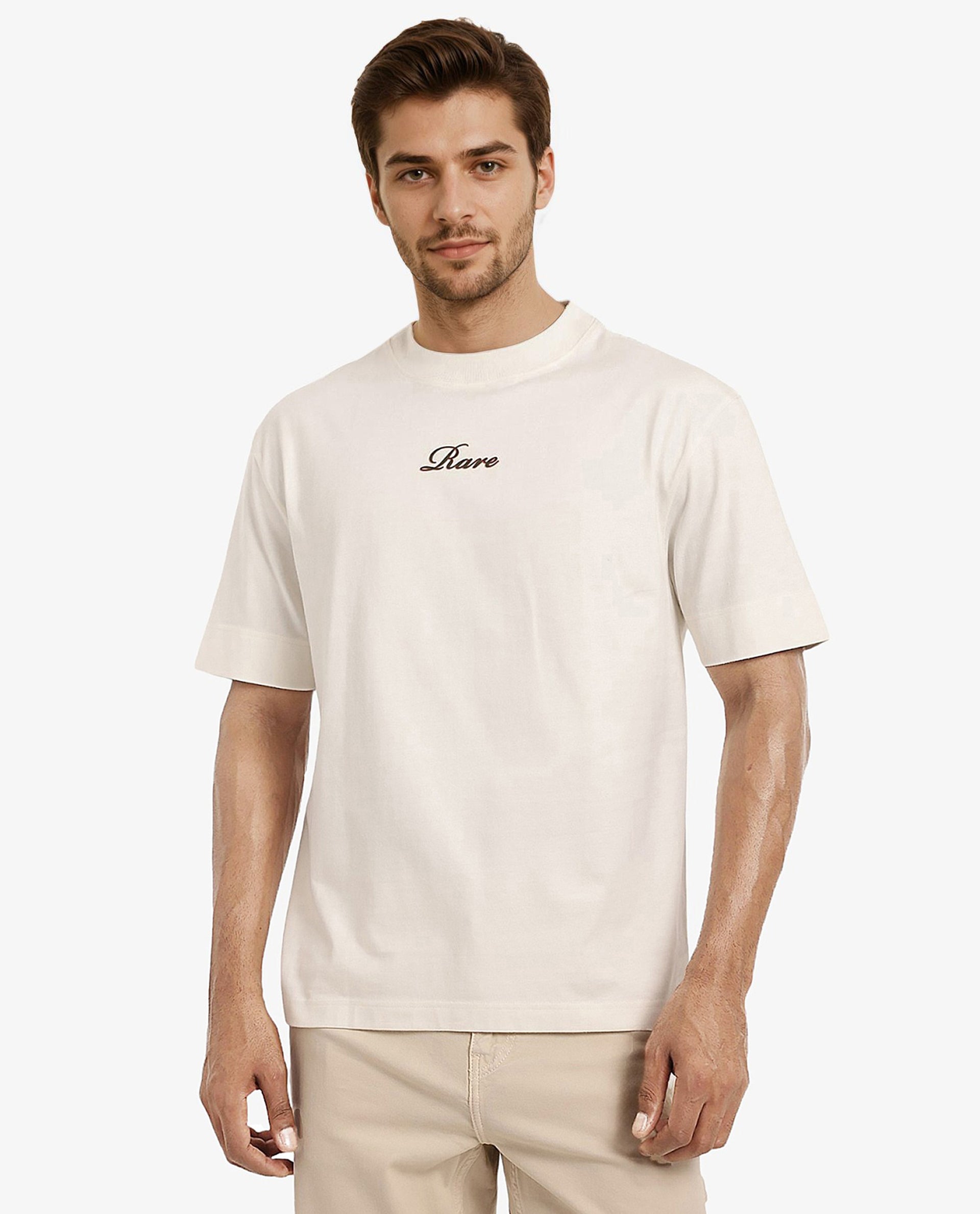 Rare Rabbit Men Mint Off White Cotton Fabric Short Sleeve Crew Neck Oversized Fit Graphic Print T-Shirt