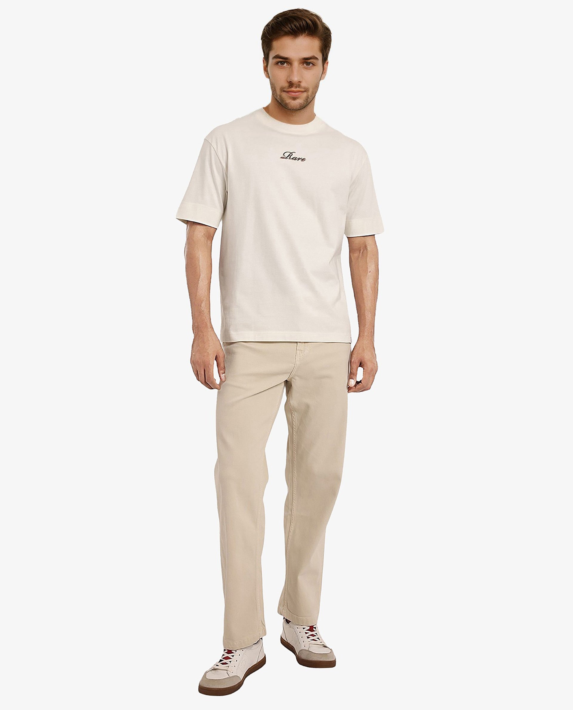 Rare Rabbit Men Mint Off White Cotton Fabric Short Sleeve Crew Neck Oversized Fit Graphic Print T-Shirt