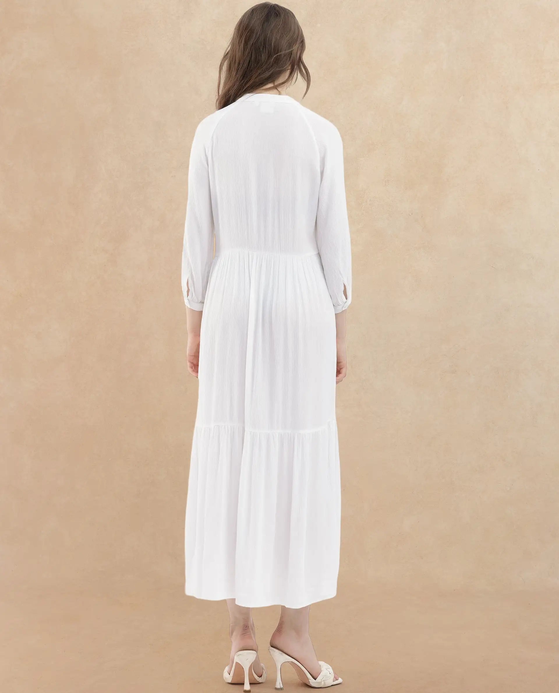 Rareism Women Miltry Light White Viscose Fabric Full Sleeves Mandarin Collar Raglan Sleeve Fit And Flare Plain Maxi Dress