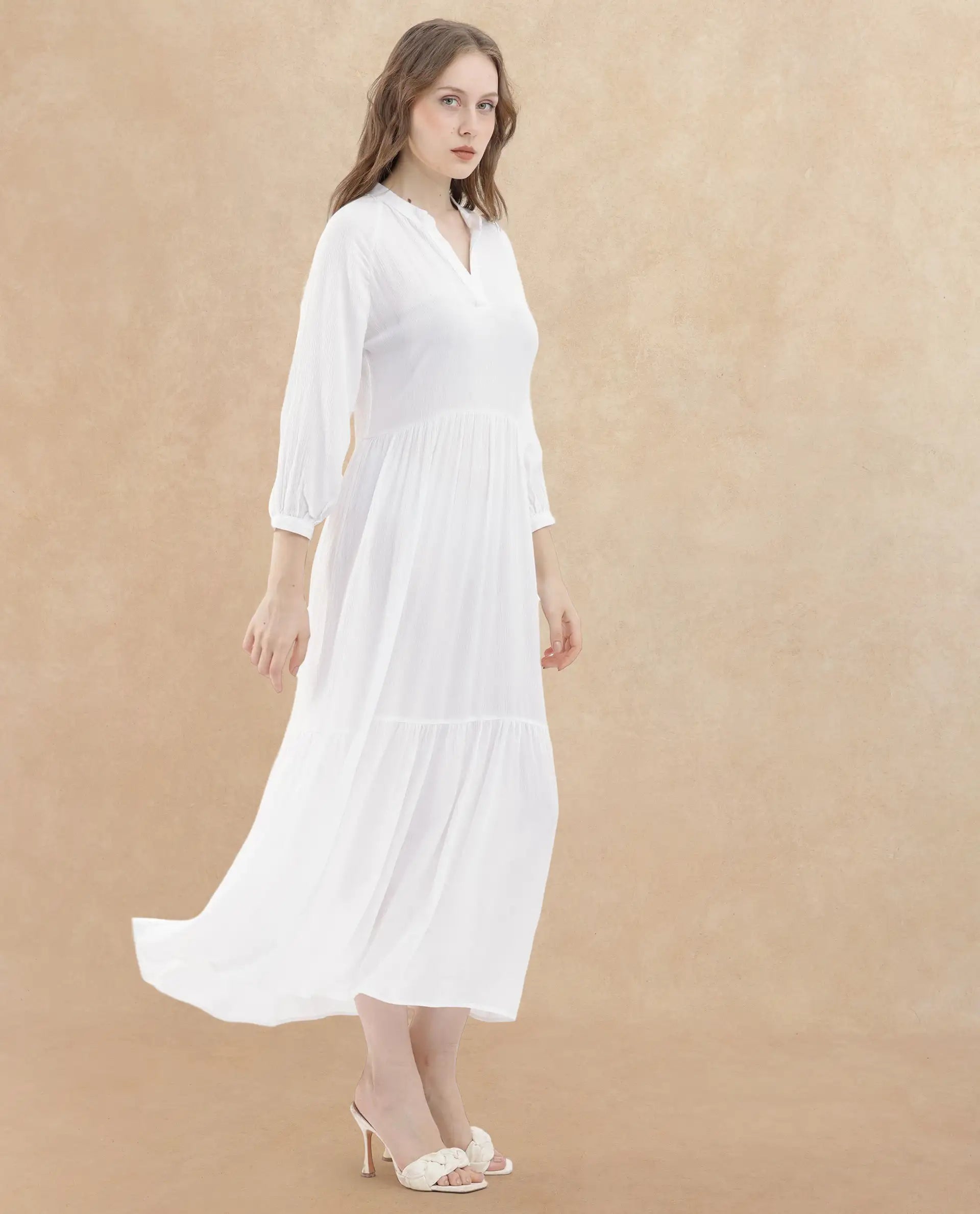 Rareism Women Miltry Light White Viscose Fabric Full Sleeves Mandarin Collar Raglan Sleeve Fit And Flare Plain Maxi Dress