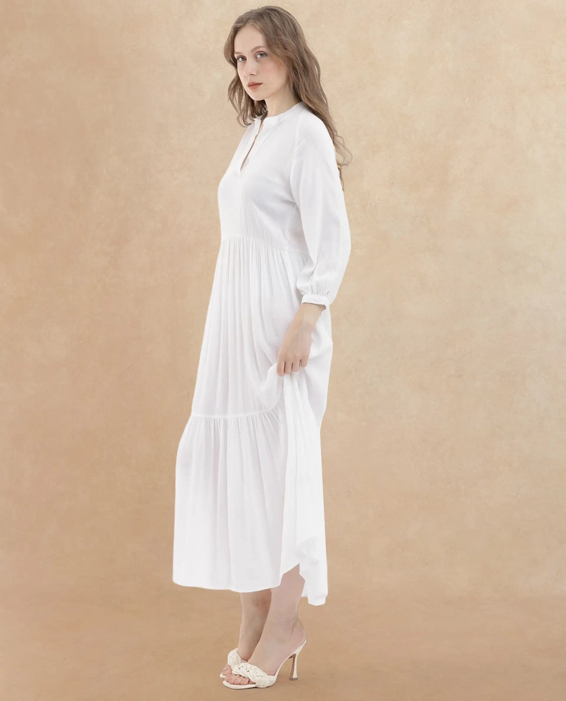 Rareism Women Miltry Light White Viscose Fabric Full Sleeves Mandarin Collar Raglan Sleeve Fit And Flare Plain Maxi Dress