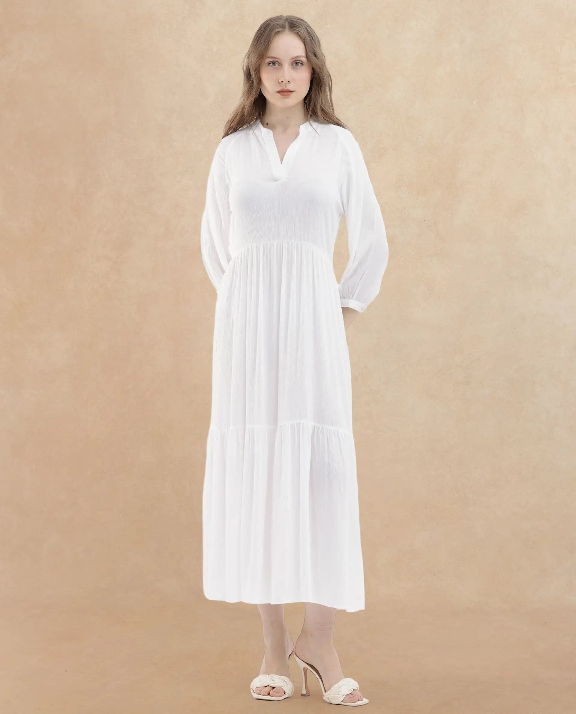 Rareism Women Miltry Light White Viscose Fabric Full Sleeves Mandarin Collar Raglan Sleeve Fit And Flare Plain Maxi Dress