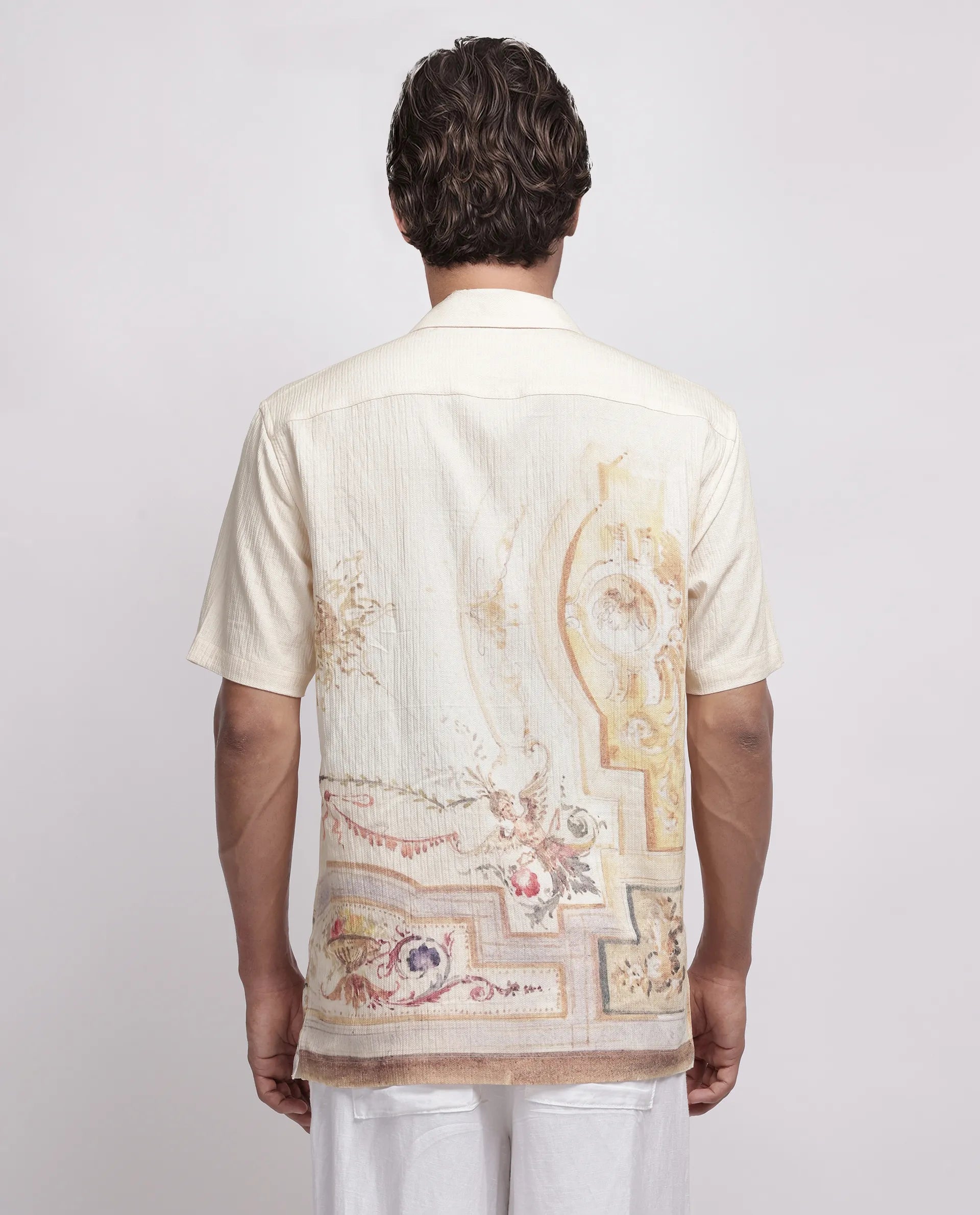 Rare Rabbit Men's Mio Beige Viscose Blend Placement Print Boxy Fit Half Sleeve Cuban Collar Shirt