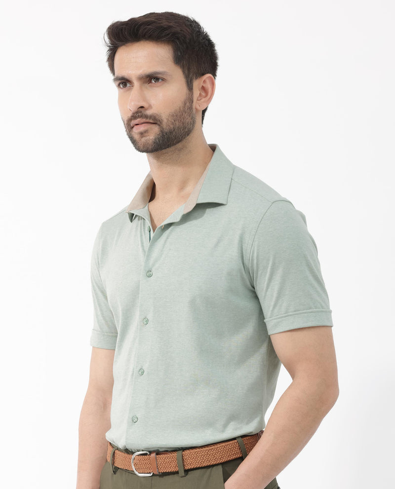 Rare Rabbit Men's Miraje Pastel Green Cotton Fabric Half Sleeves Solid Melange Shirt