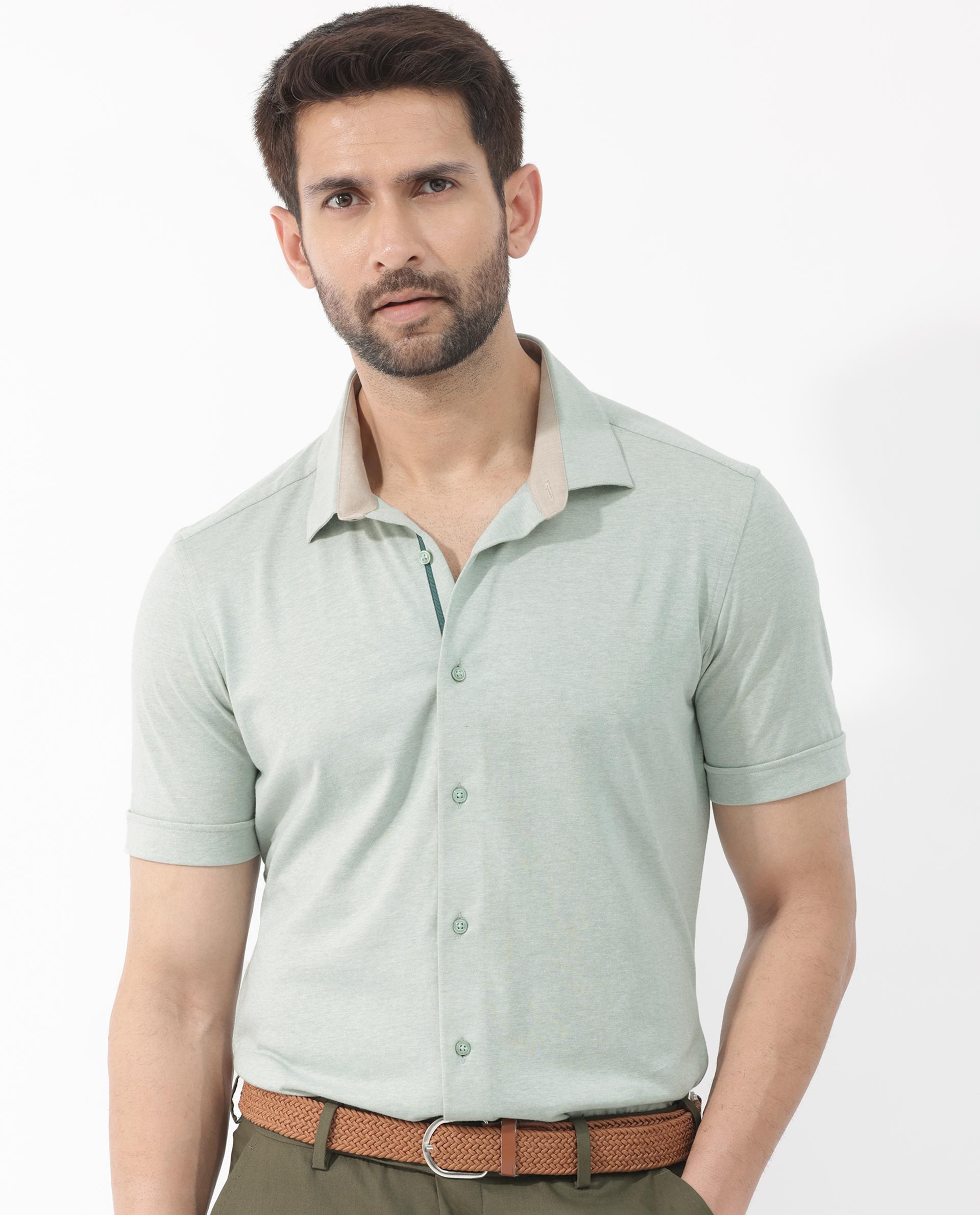 Rare Rabbit Men's Miraje Pastel Green Cotton Fabric Half Sleeves Solid Melange Shirt