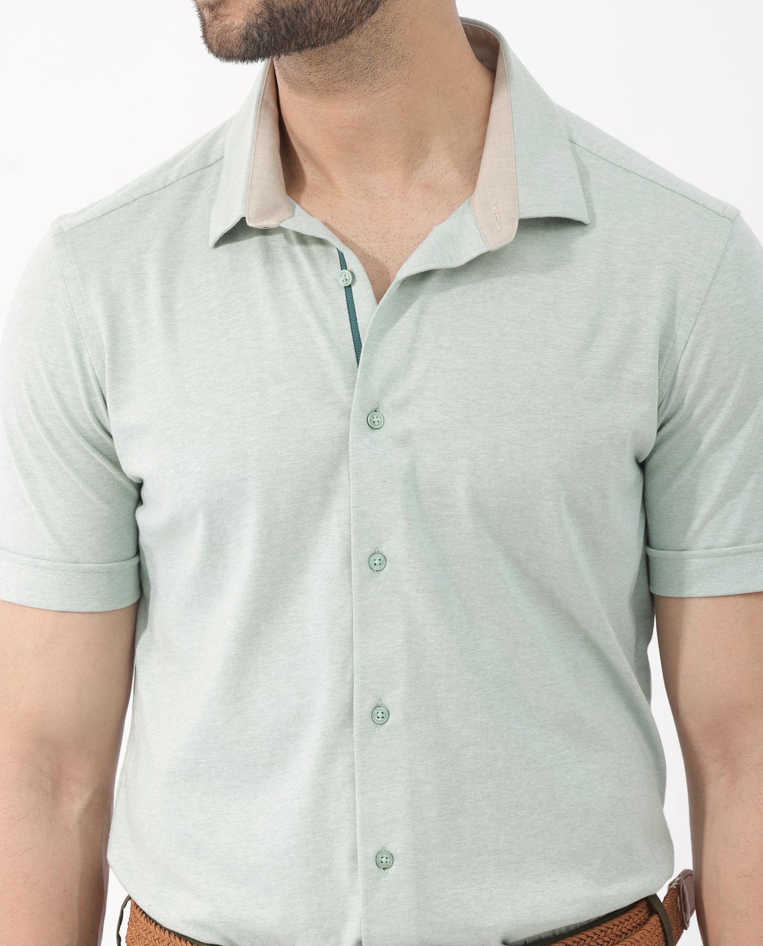 Rare Rabbit Men's Miraje Light Beige Cotton Fabric Half Sleeves Solid Melange Shirt main image 0