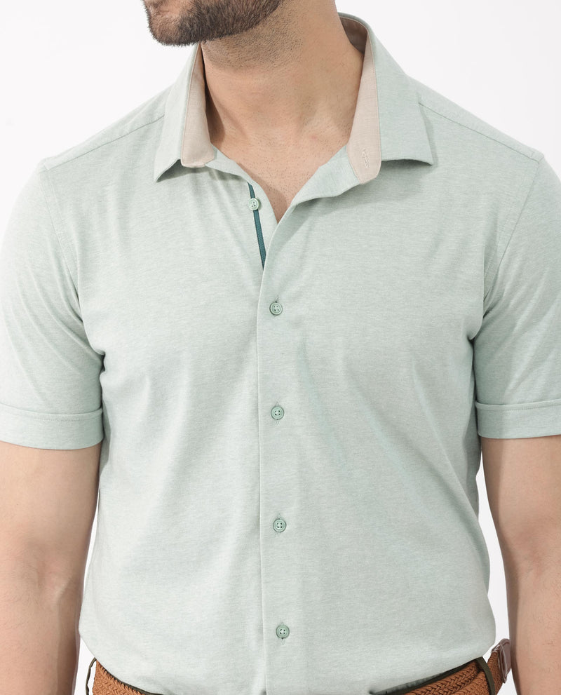 Rare Rabbit Men's Miraje Pastel Green Cotton Fabric Half Sleeves Solid Melange Shirt