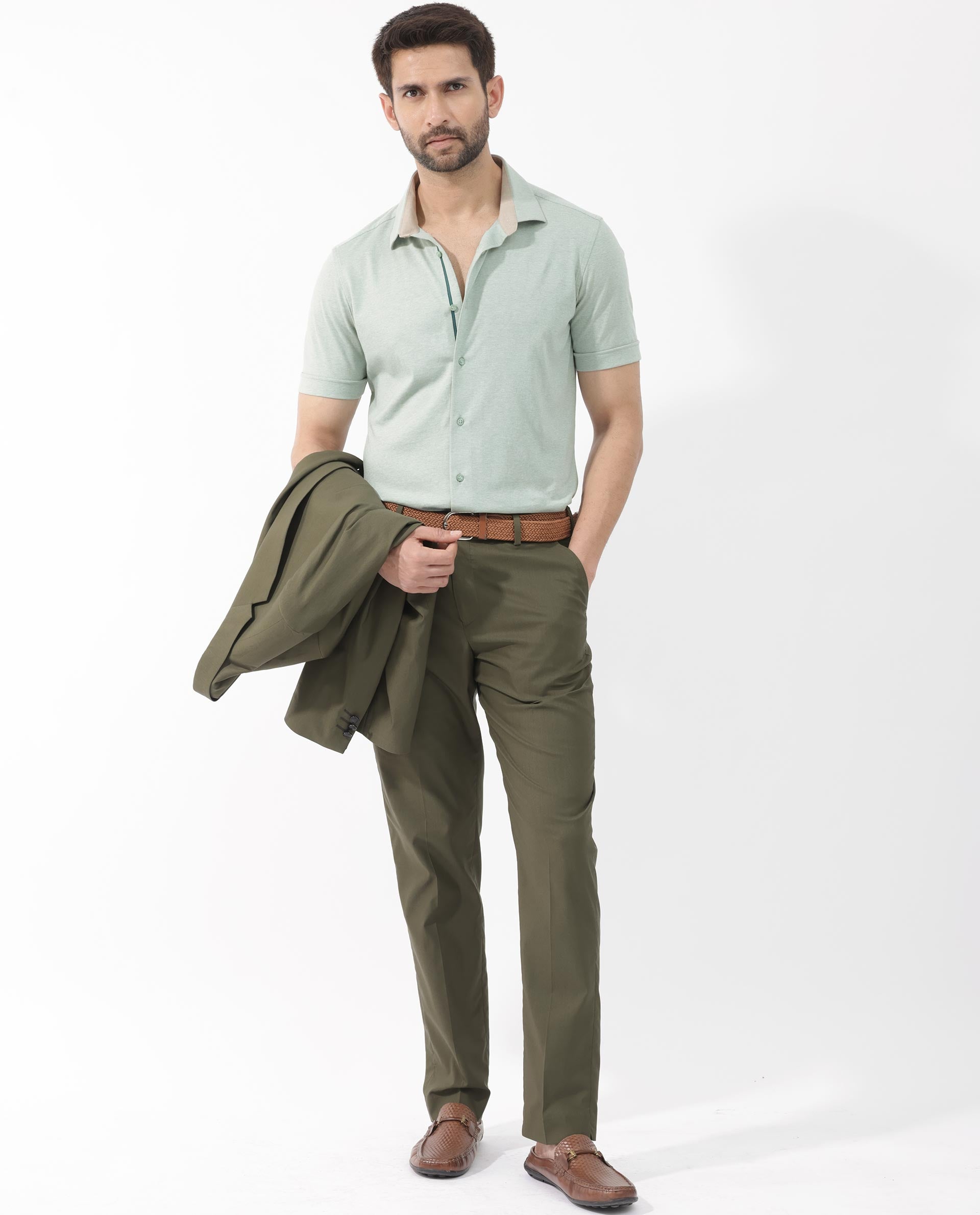 Rare Rabbit Men's Miraje Pastel Green Cotton Fabric Half Sleeves Solid Melange Shirt