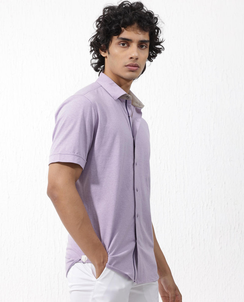 Rare Rabbit Men's Miraje Pastel Purple Cotton Fabric Half Sleeves Solid Melange Shirt