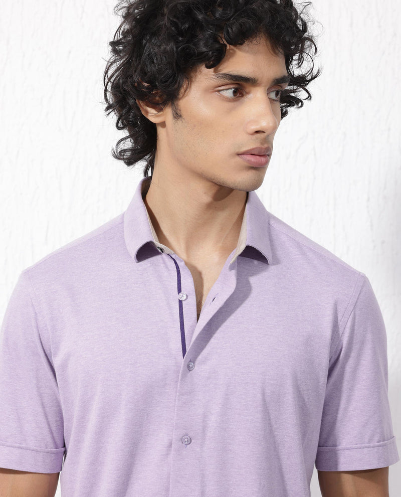 Rare Rabbit Men's Miraje Pastel Purple Cotton Fabric Half Sleeves Solid Melange Shirt
