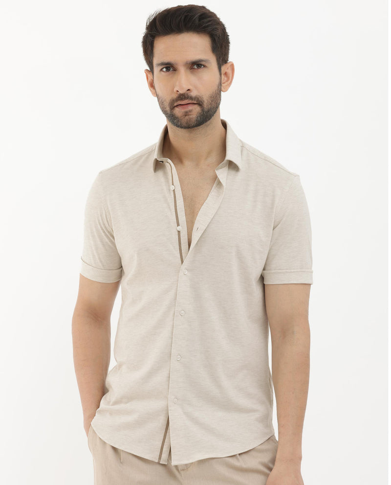 Rare Rabbit Men's Miraje Light Beige Cotton Fabric Half Sleeves Solid Melange Shirt