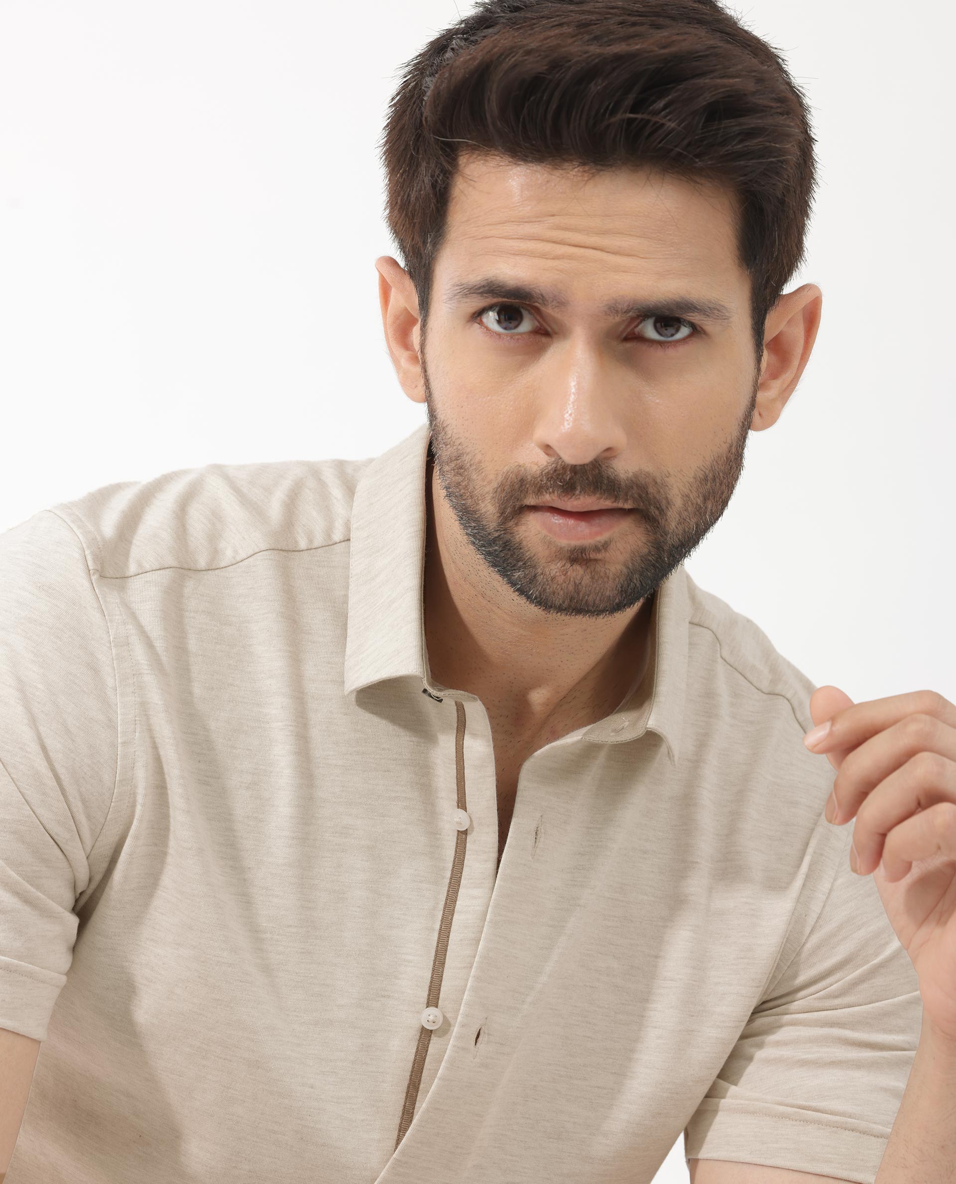 Rare Rabbit Men's Miraje Light Beige Cotton Fabric Half Sleeves Solid Melange Shirt