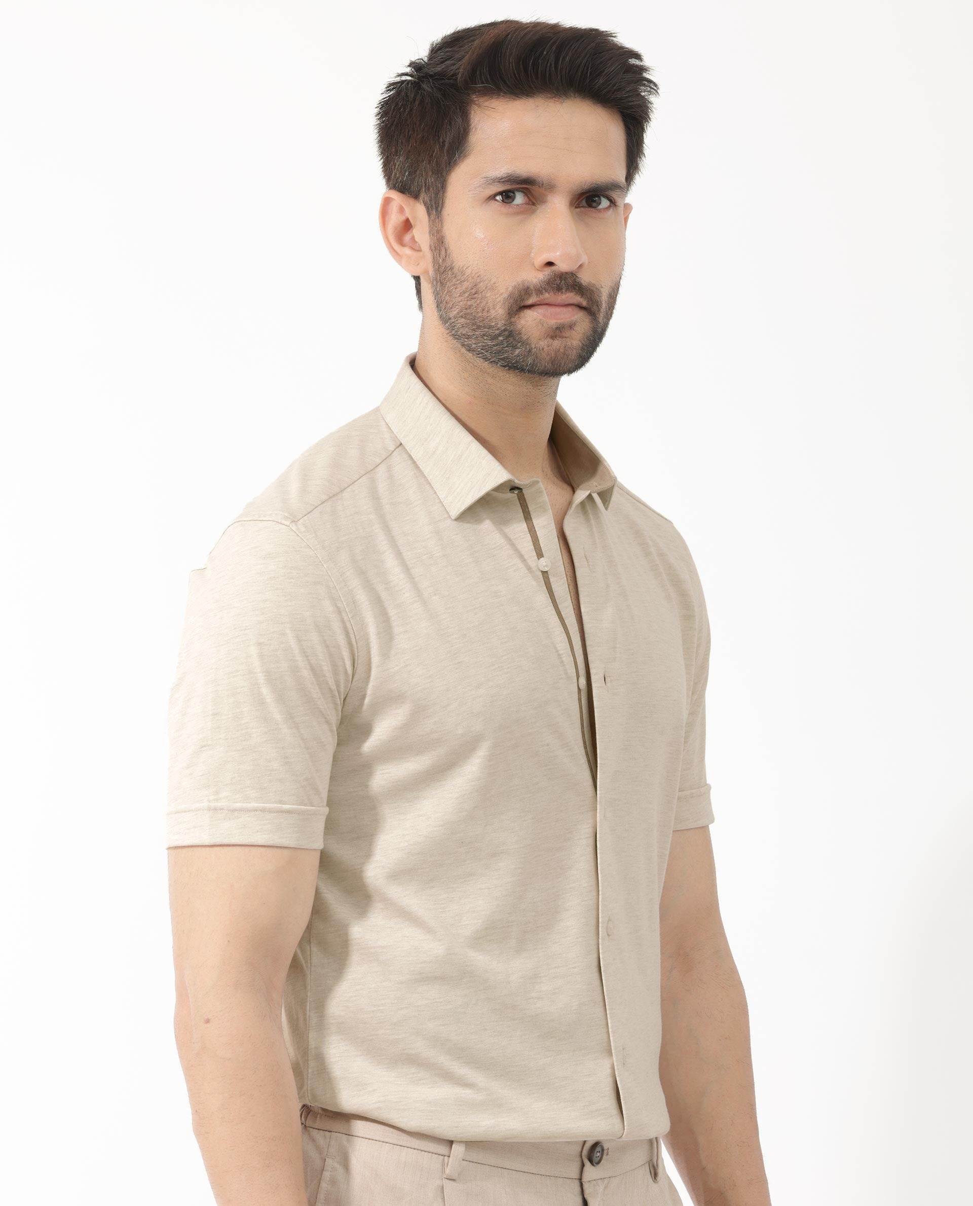 Rare Rabbit Men's Miraje Light Beige Cotton Fabric Half Sleeves Solid Melange Shirt