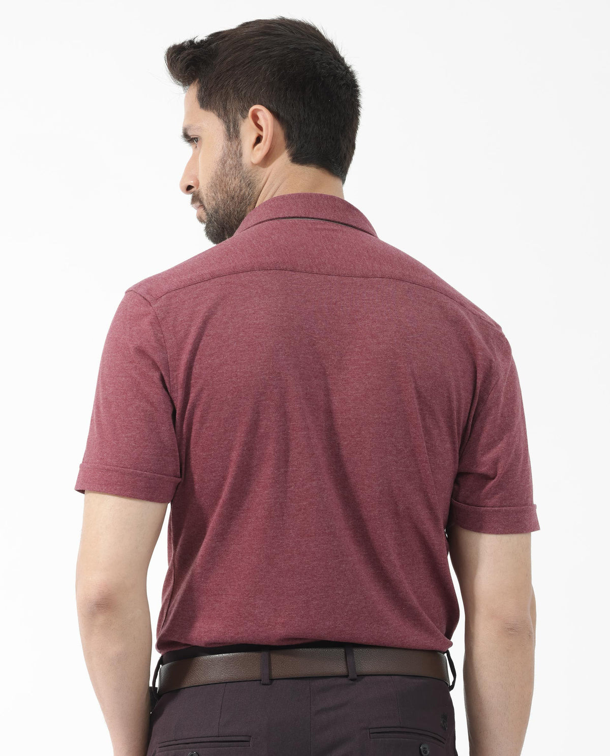 Rare Rabbit Men's Miraje Maroon Cotton Fabric Half Sleeves Solid Melange Shirt