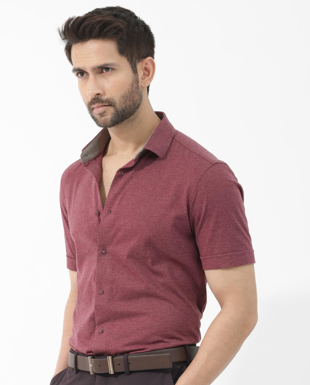 Rare Rabbit Men's Miraje Maroon Cotton Fabric Half Sleeves Solid Melange Shirt