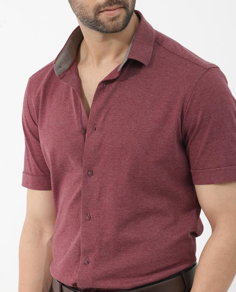 Rare Rabbit Men's Miraje Maroon Cotton Fabric Half Sleeves Solid Melange Shirt