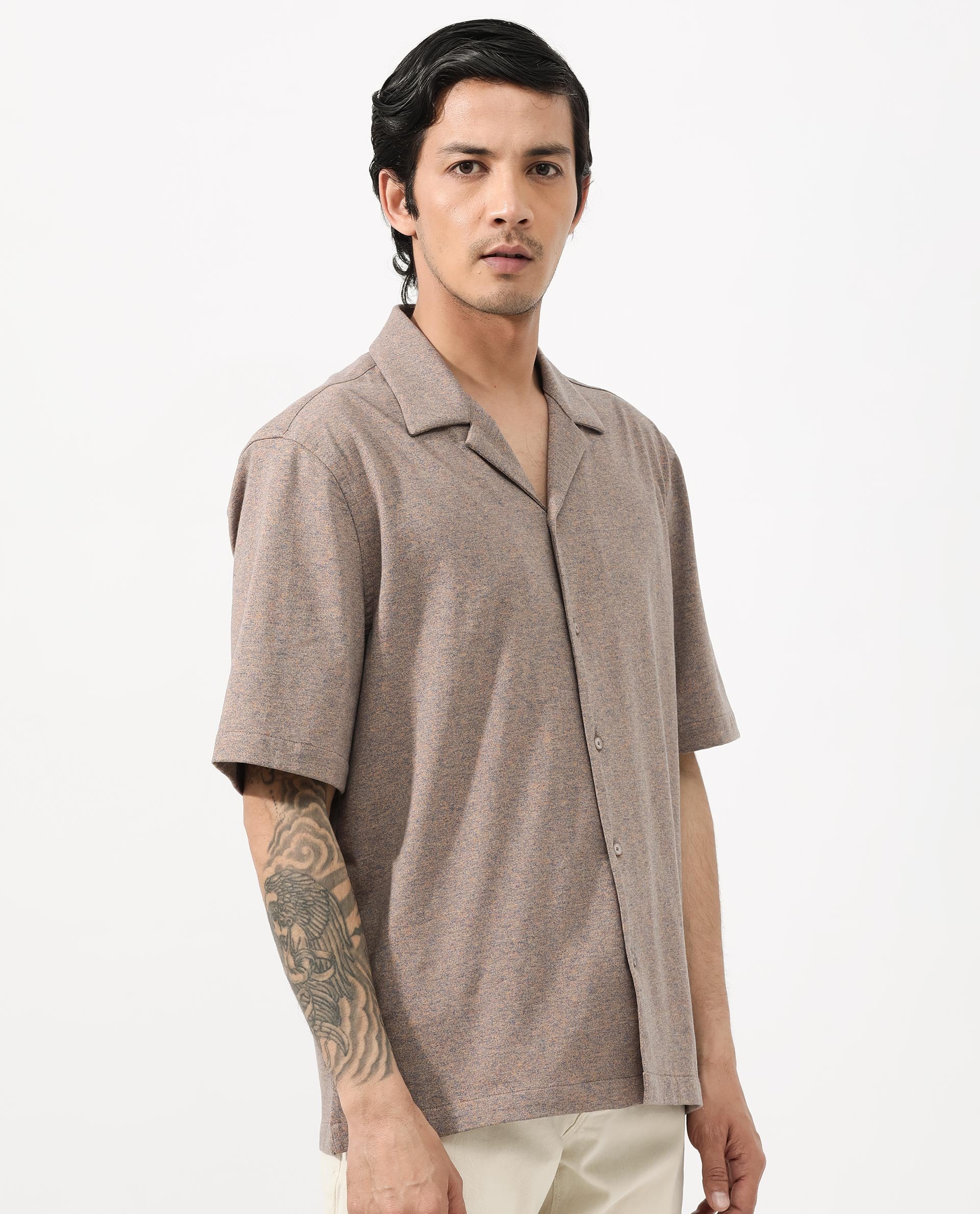 Rare Rabbit Mens Mirajo Dusky Orange Short Sleeve Cuban Collar Boxy Fit Solid Melange Knit Shirt