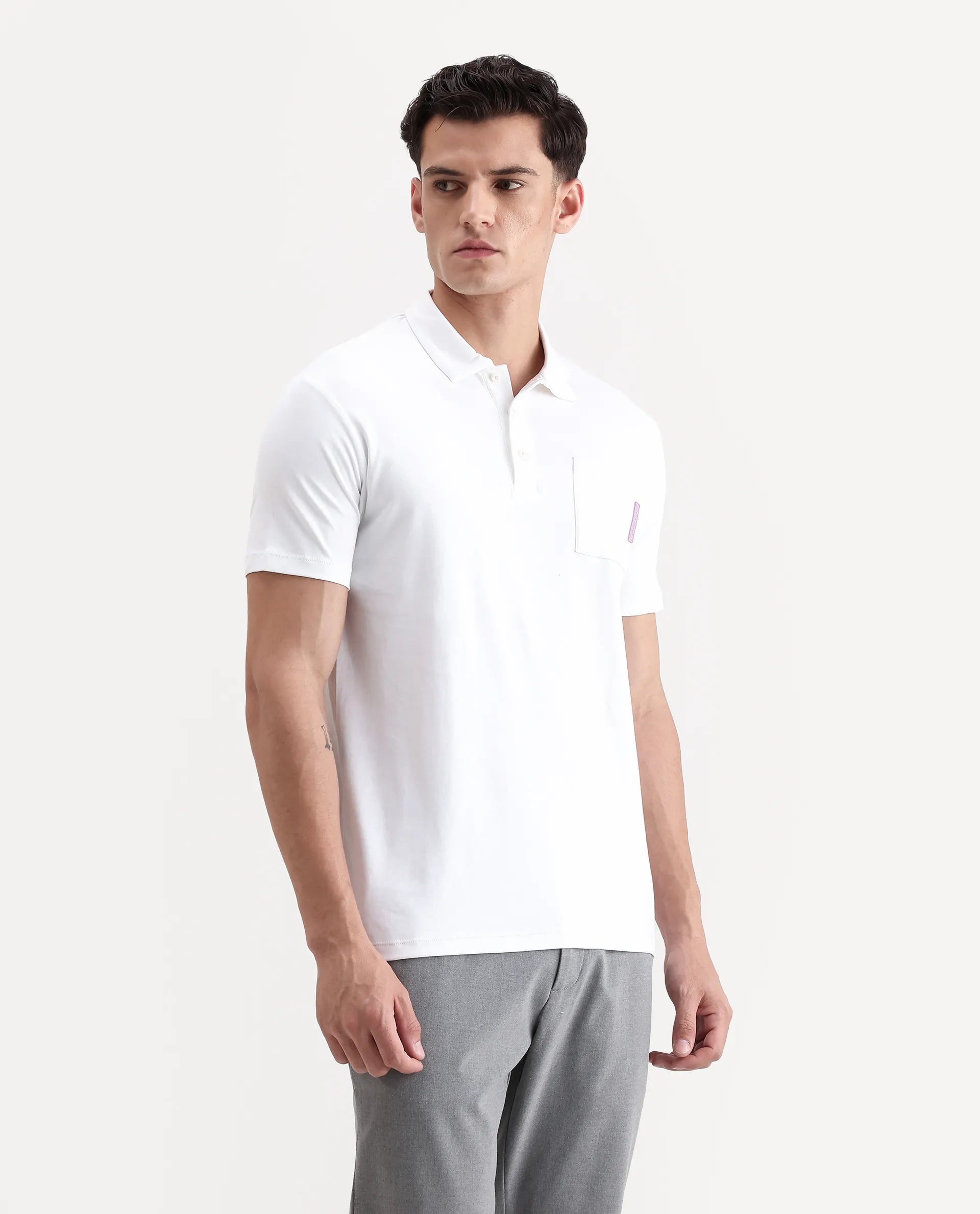 Rare Rabbit Men's Mirim White Cotton Plain Regular Fit Half Sleeve Polo