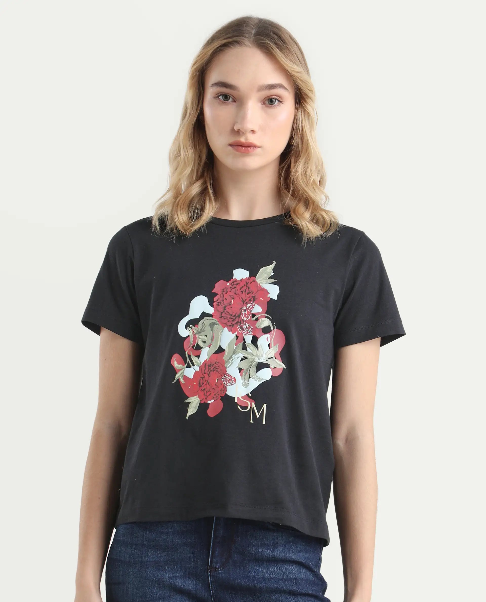 Rareism Women's Mirth Black Cotton Blend Crew Neck Graphic Print Regular Fit T-Shirt