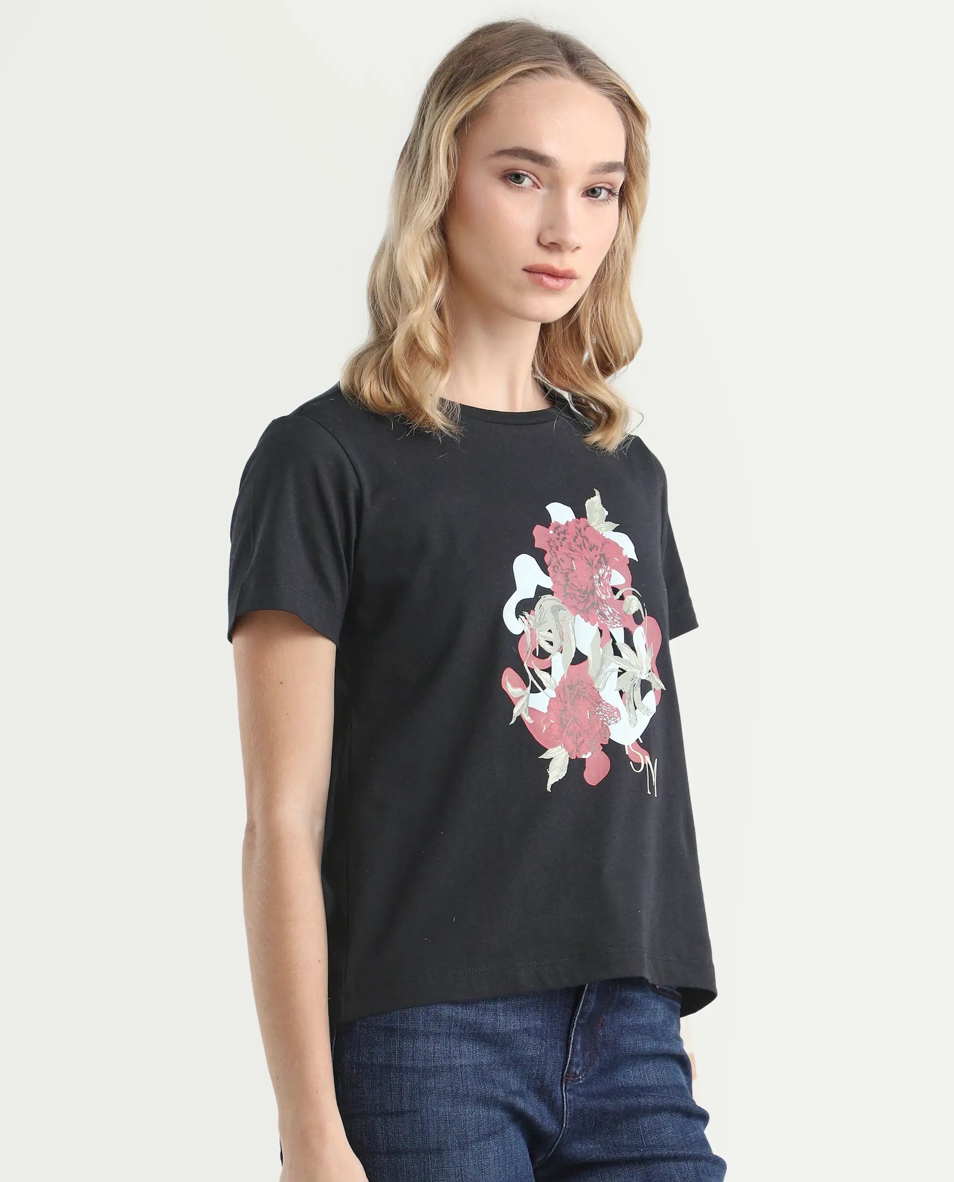 Rareism Women's Mirth Black Cotton Blend Crew Neck Graphic Print Regular Fit T-Shirt