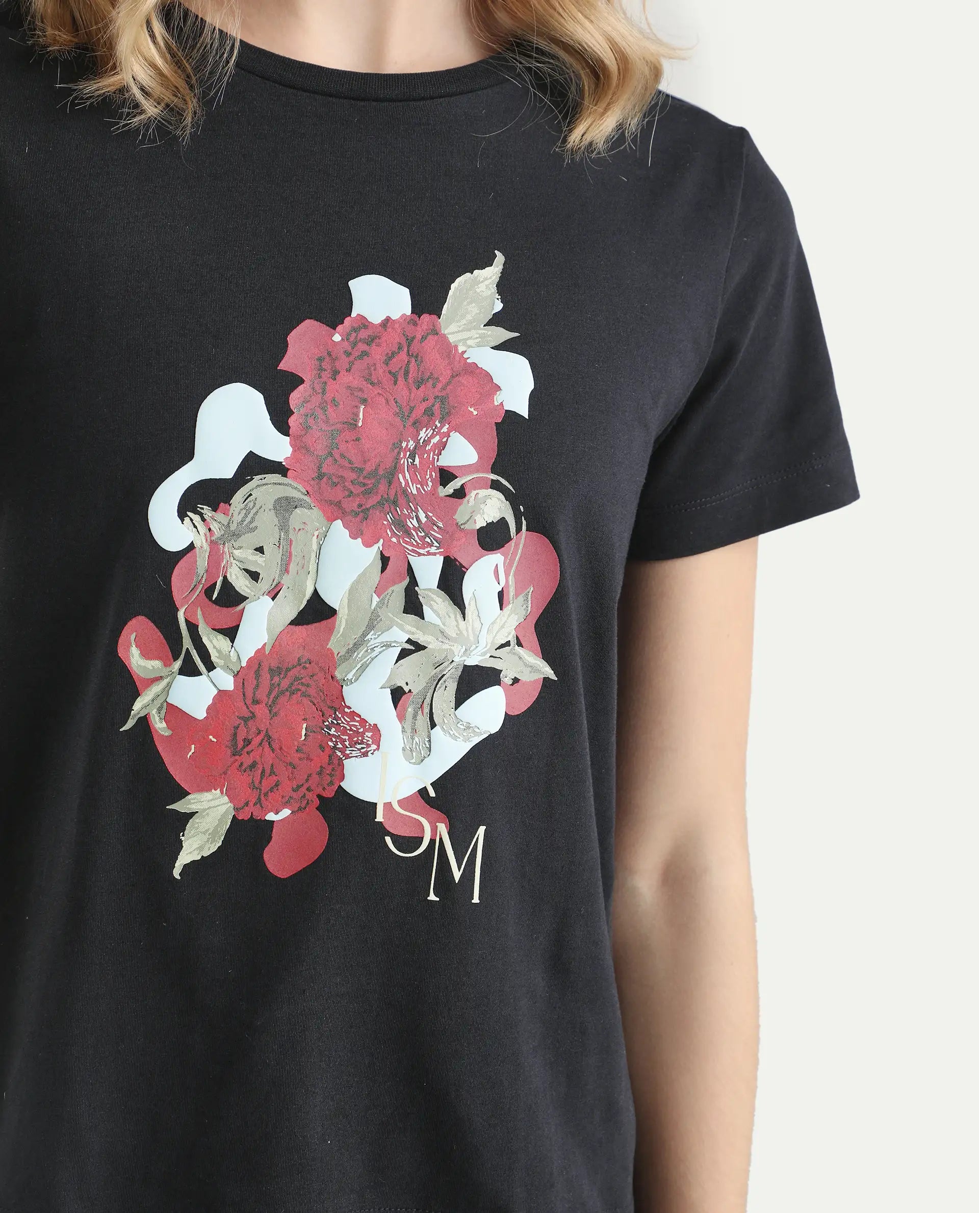 Rareism Women's Mirth Black Cotton Blend Crew Neck Graphic Print Regular Fit T-Shirt