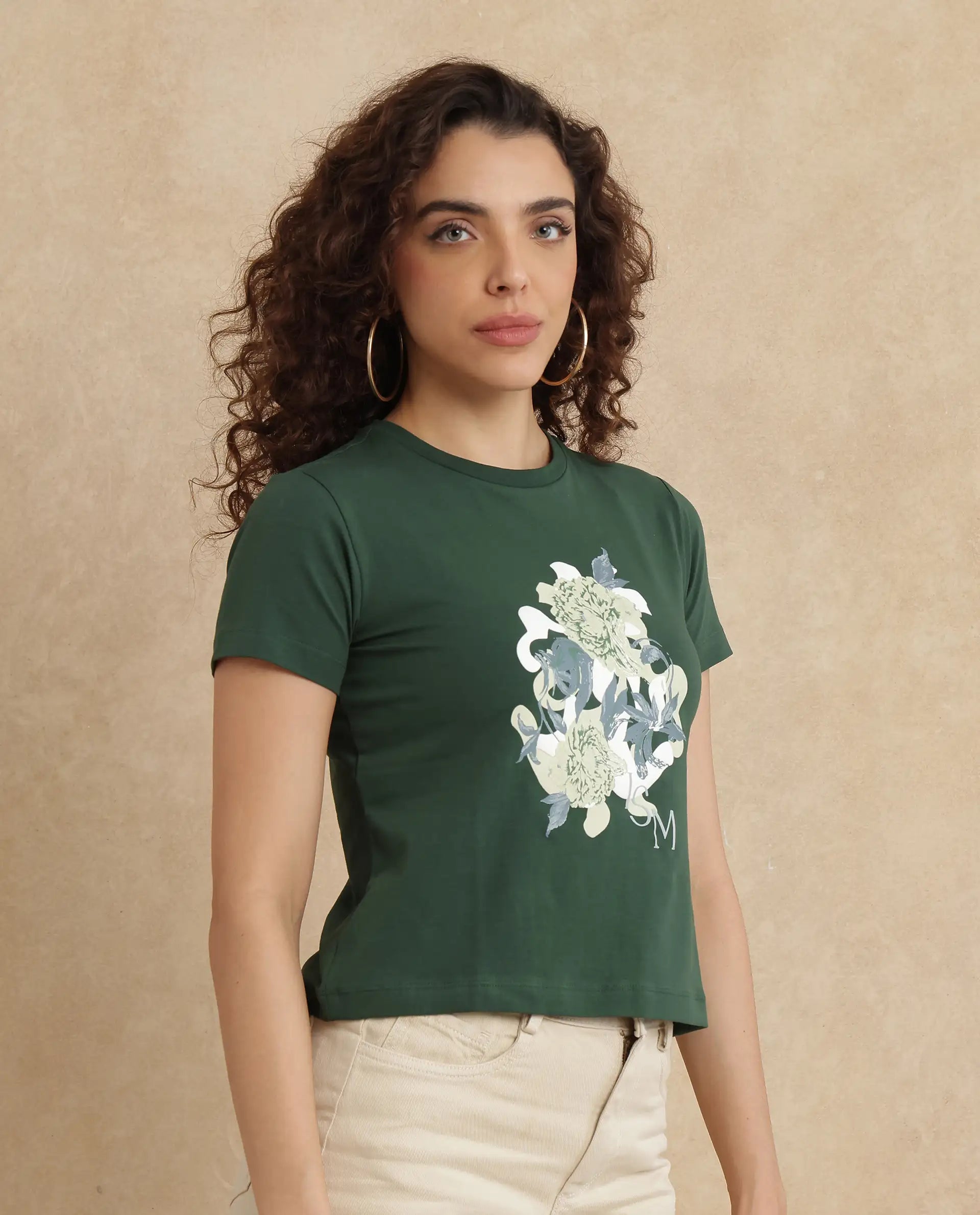 Rareism Women Mirth Olive Cotton Blend Fabric Short Sleeve Crew Neck Graphic Print T-Shirt