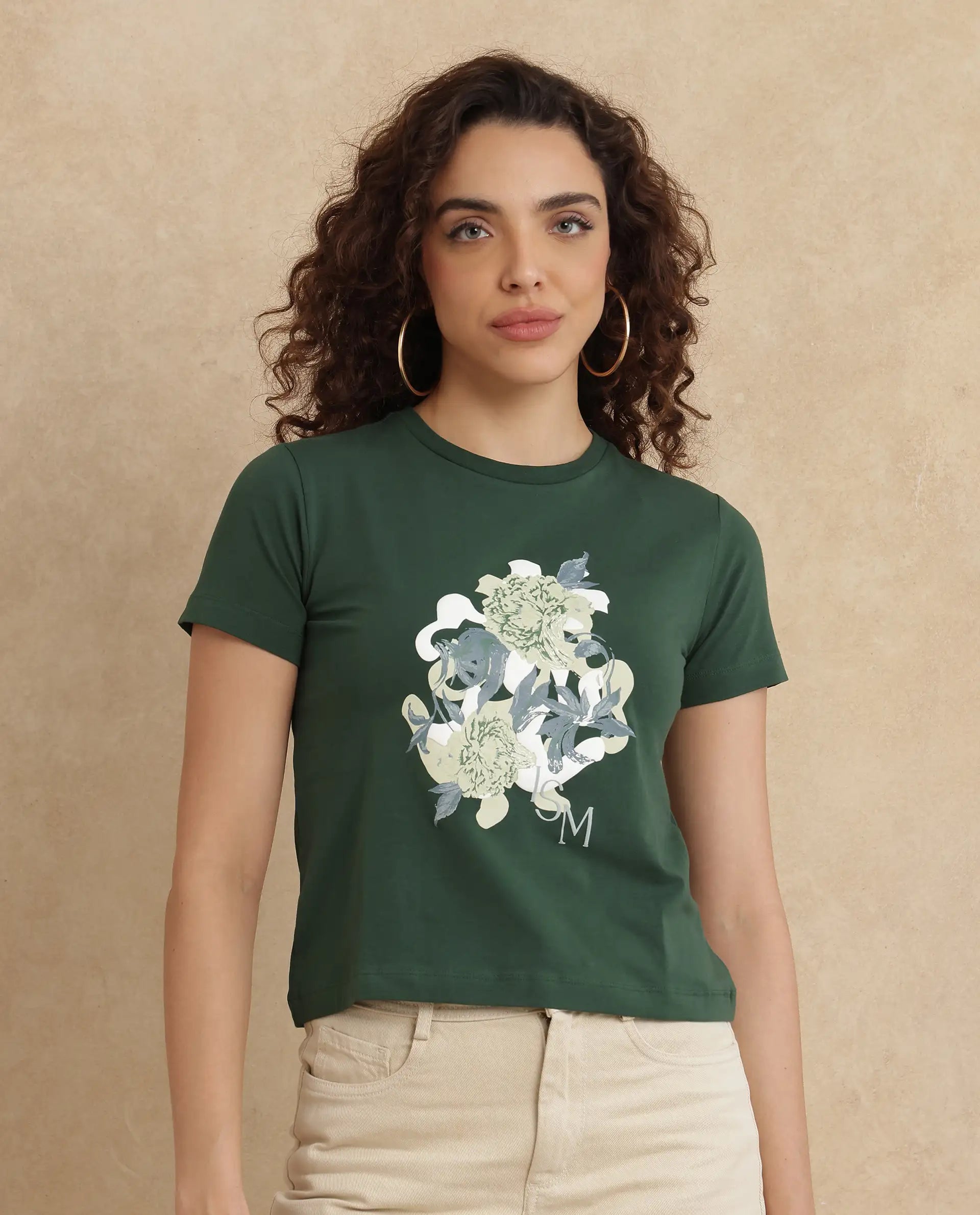 Rareism Women Mirth Olive Cotton Blend Fabric Short Sleeve Crew Neck Graphic Print T-Shirt