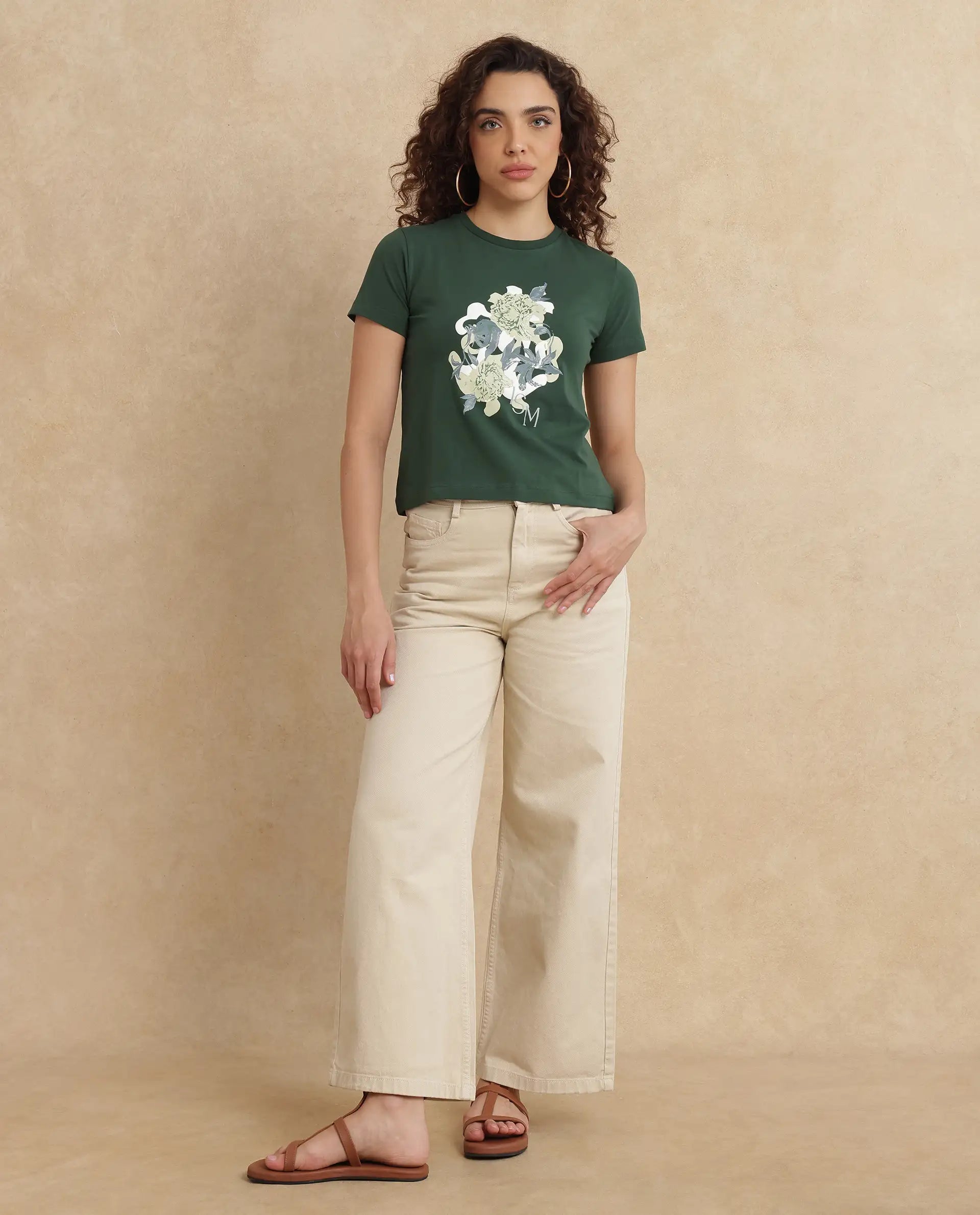 Rareism Women Mirth Olive Cotton Blend Fabric Short Sleeve Crew Neck Graphic Print T-Shirt