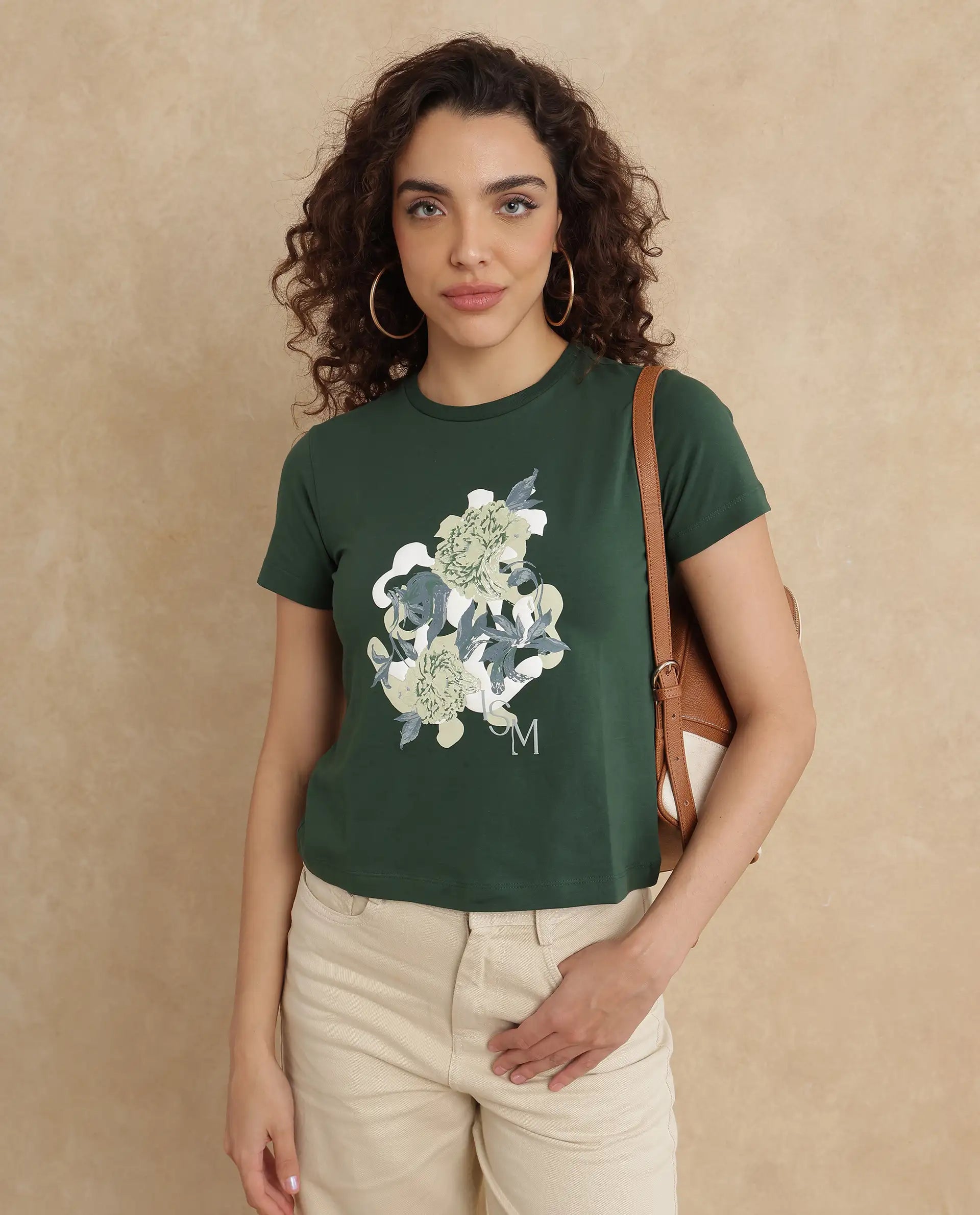 Rareism Women Mirth Olive Cotton Blend Fabric Short Sleeve Crew Neck Graphic Print T-Shirt