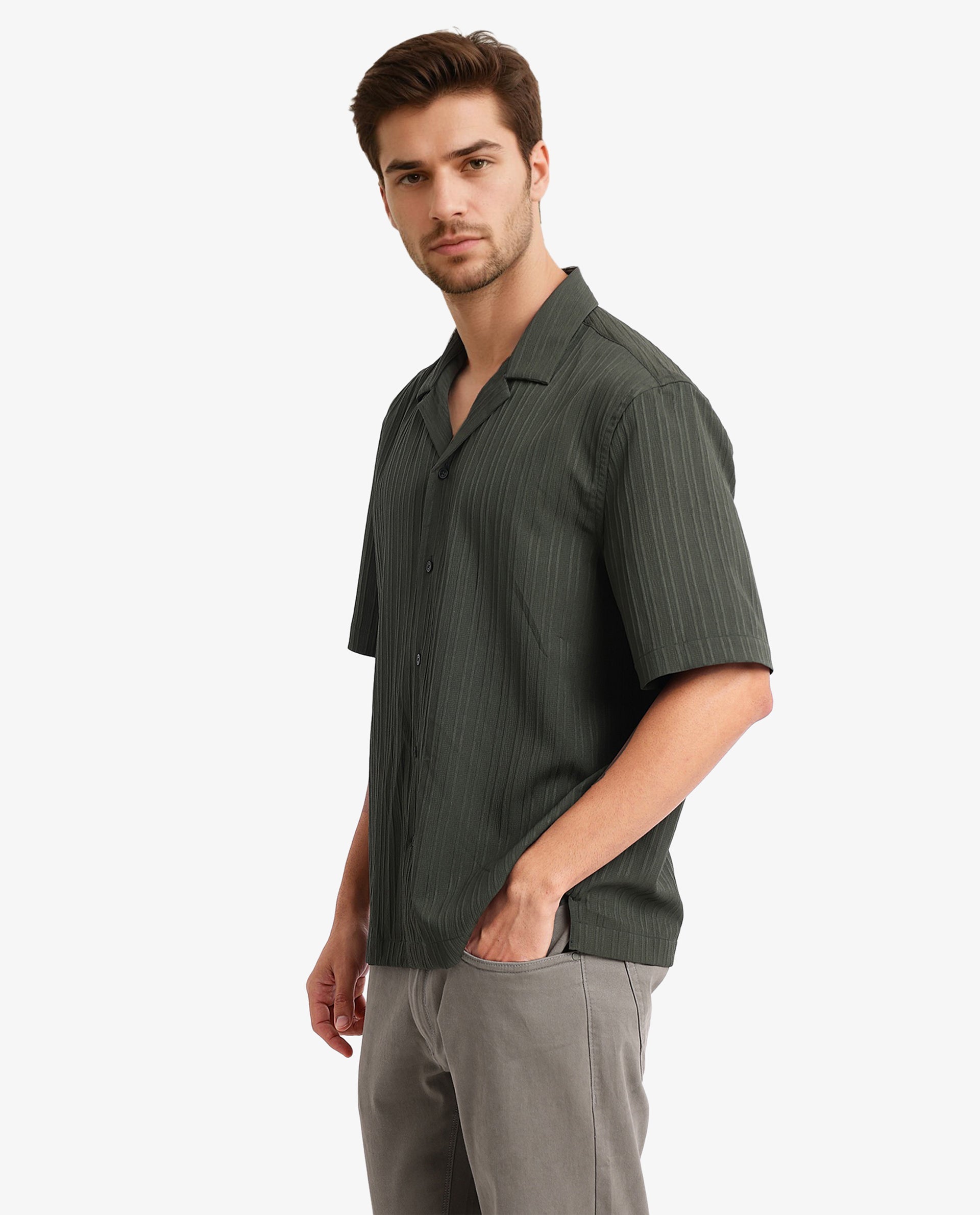 Rare Rabbit Men's Mirtilo Dark Green Polyester Fabric Short Sleeve Cuban Collar Self Stripe Textured Shirt