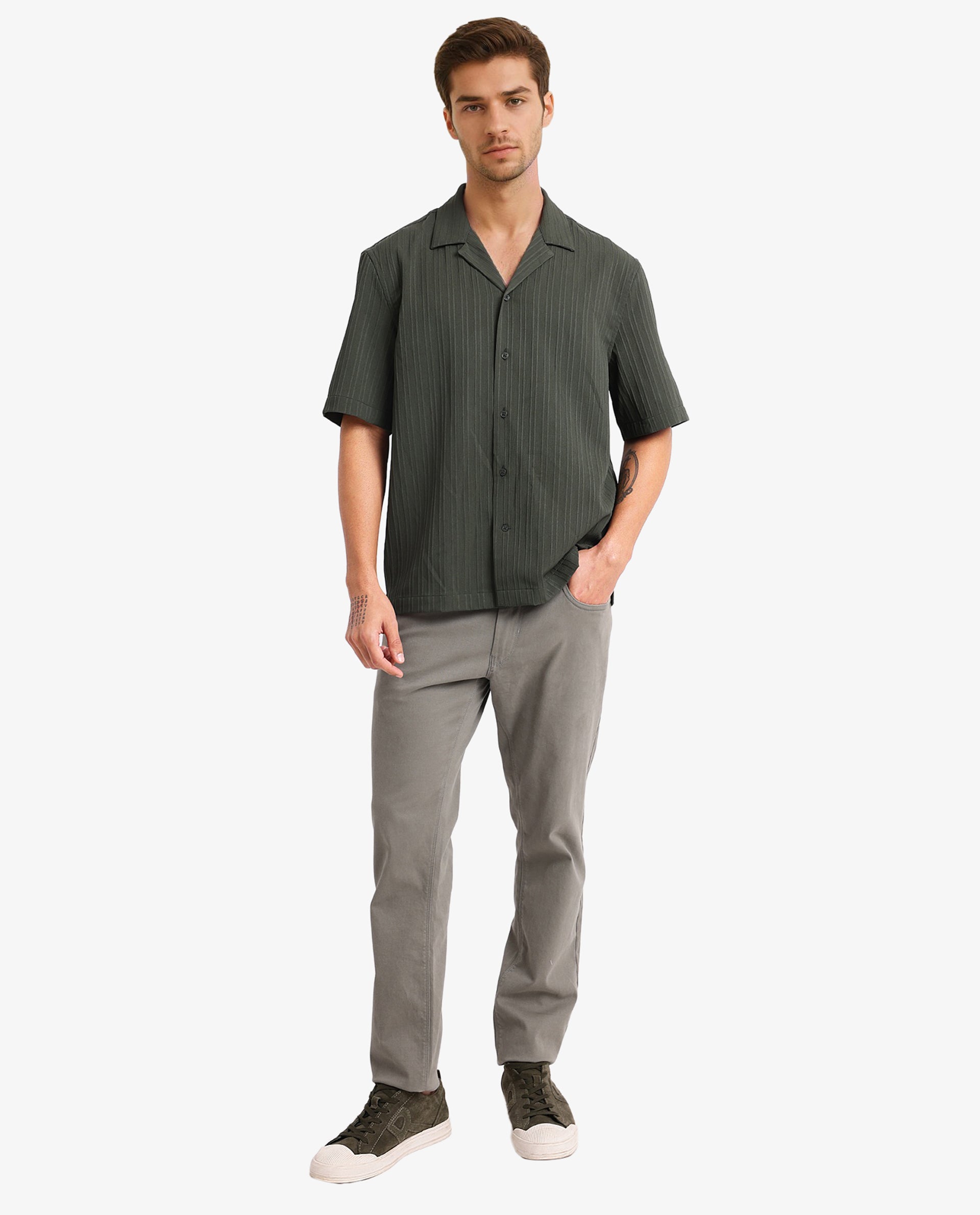 Rare Rabbit Men's Mirtilo Dark Green Polyester Fabric Short Sleeve Cuban Collar Self Stripe Textured Shirt