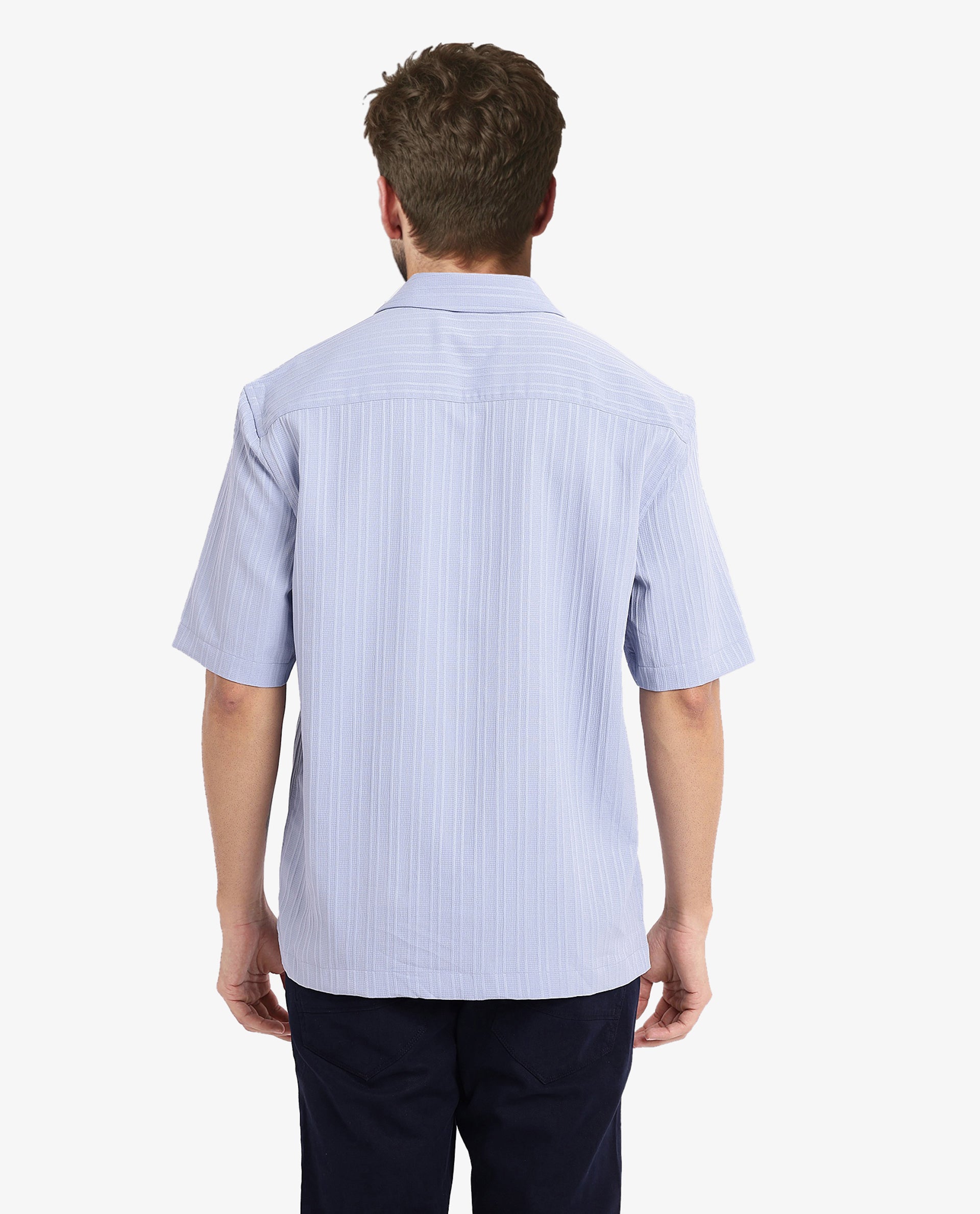 Rare Rabbit Men's Mirtilo Light Blue Polyester Fabric Short Sleeve Cuban Collar Self Stripe Textured Shirt