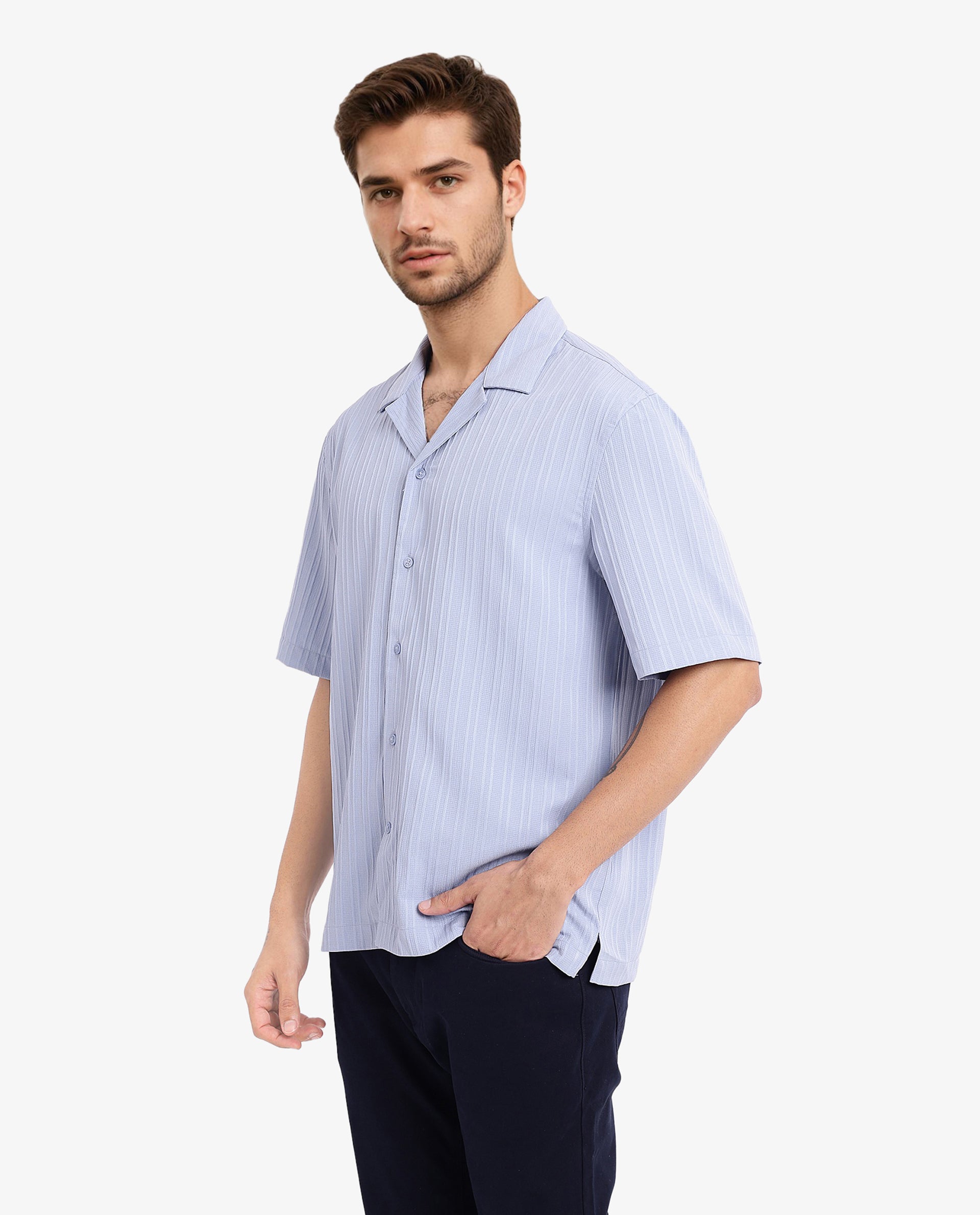 Rare Rabbit Men's Mirtilo Light Blue Polyester Fabric Short Sleeve Cuban Collar Self Stripe Textured Shirt