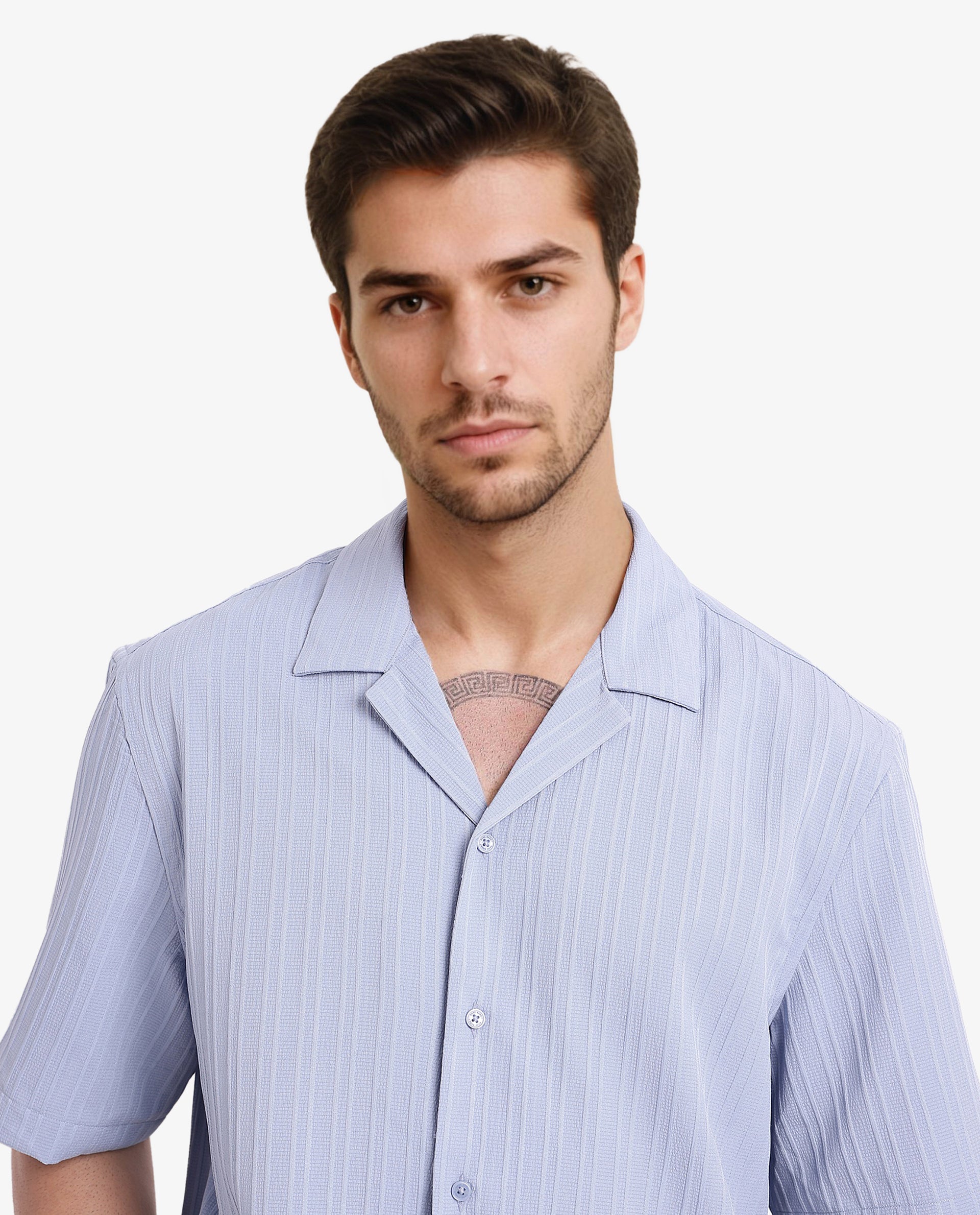 Rare Rabbit Men's Mirtilo Light Blue Polyester Fabric Short Sleeve Cuban Collar Self Stripe Textured Shirt