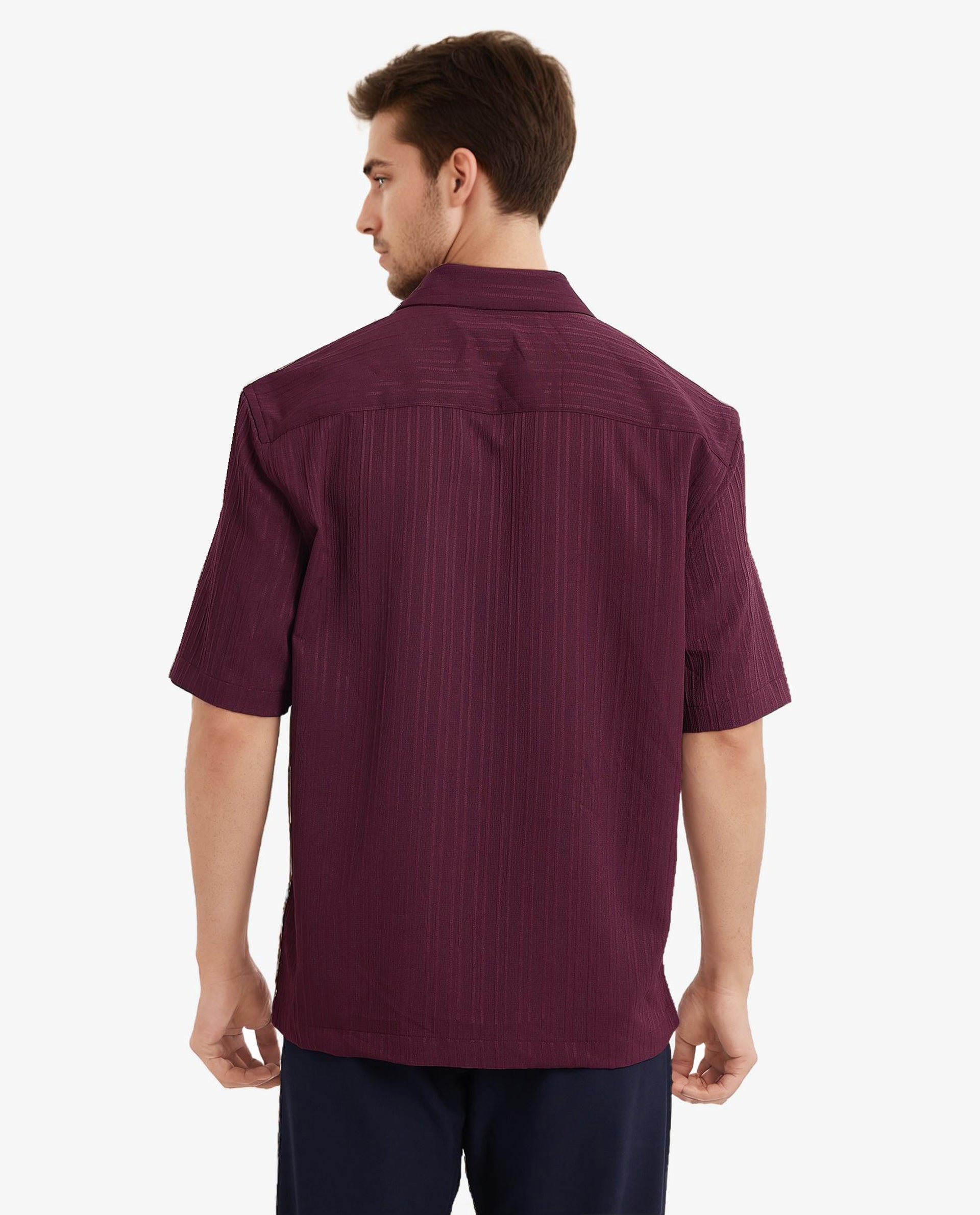 Rare Rabbit Men's Mirtilo Maroon Polyester Fabric Short Sleeve Cuban Collar Self Stripe Textured Shirt