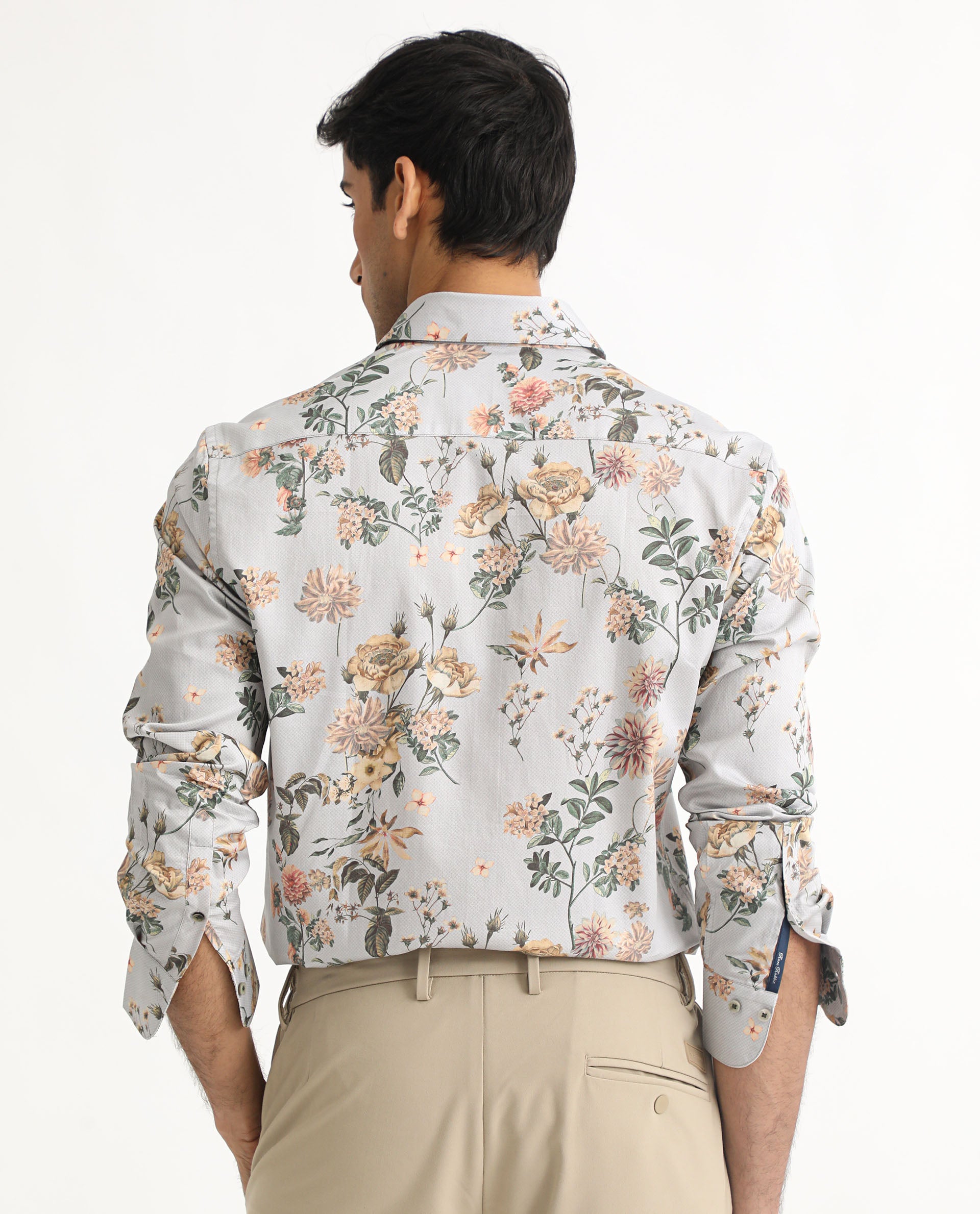 Rare Rabbit Men's Misa Grey Full Sleeves Floral Print Cotton Fabric Shirt