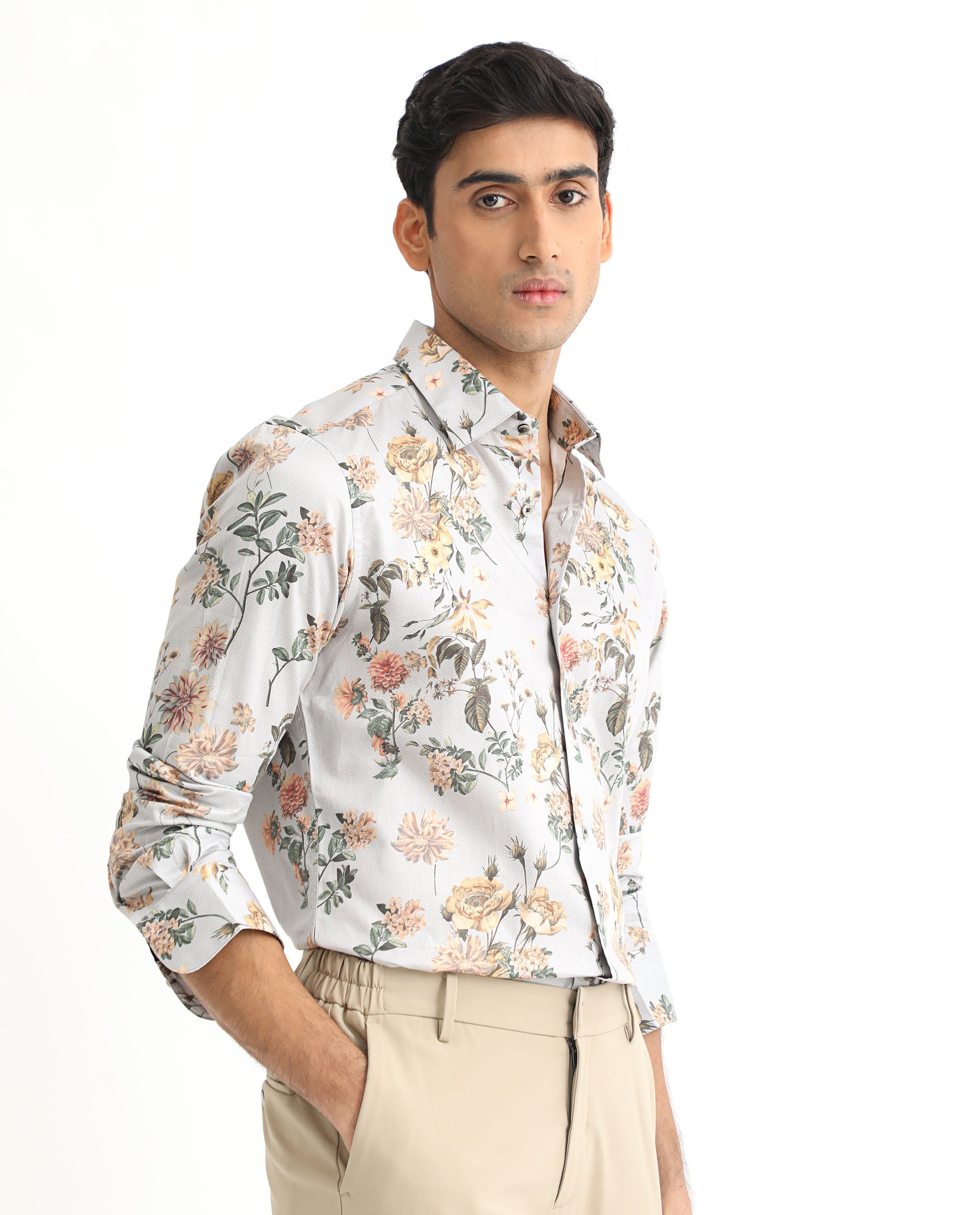 Rare Rabbit Men's Misa Grey Full Sleeves Floral Print Cotton Fabric Shirt