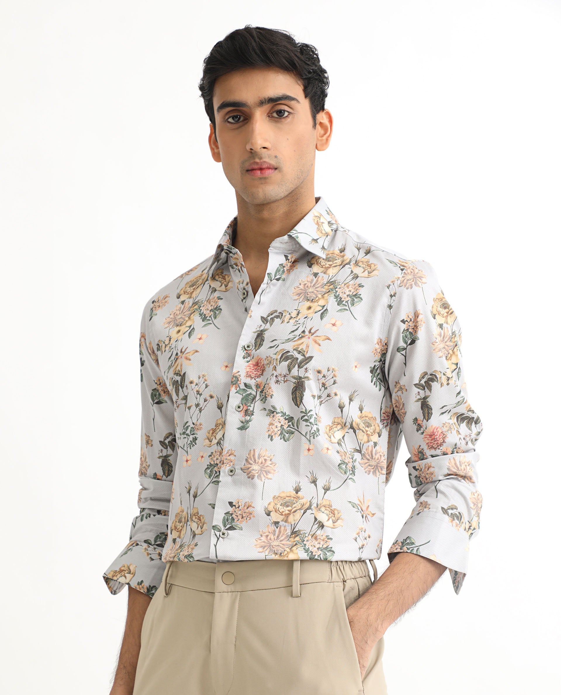 Rare Rabbit Men's Misa Grey Full Sleeves Floral Print Cotton Fabric Shirt