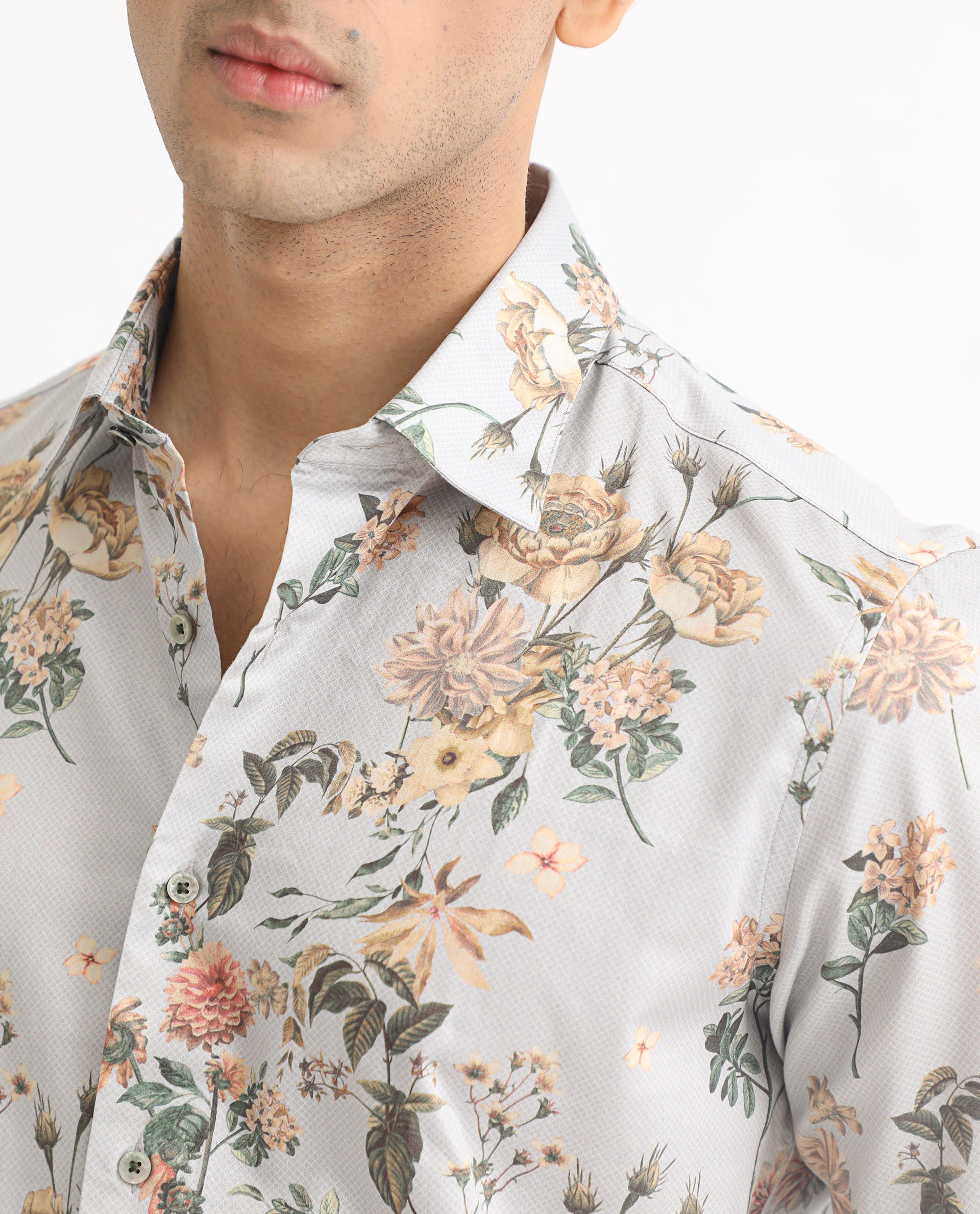 Rare Rabbit Men's Misa Grey Full Sleeves Floral Print Cotton Fabric Shirt