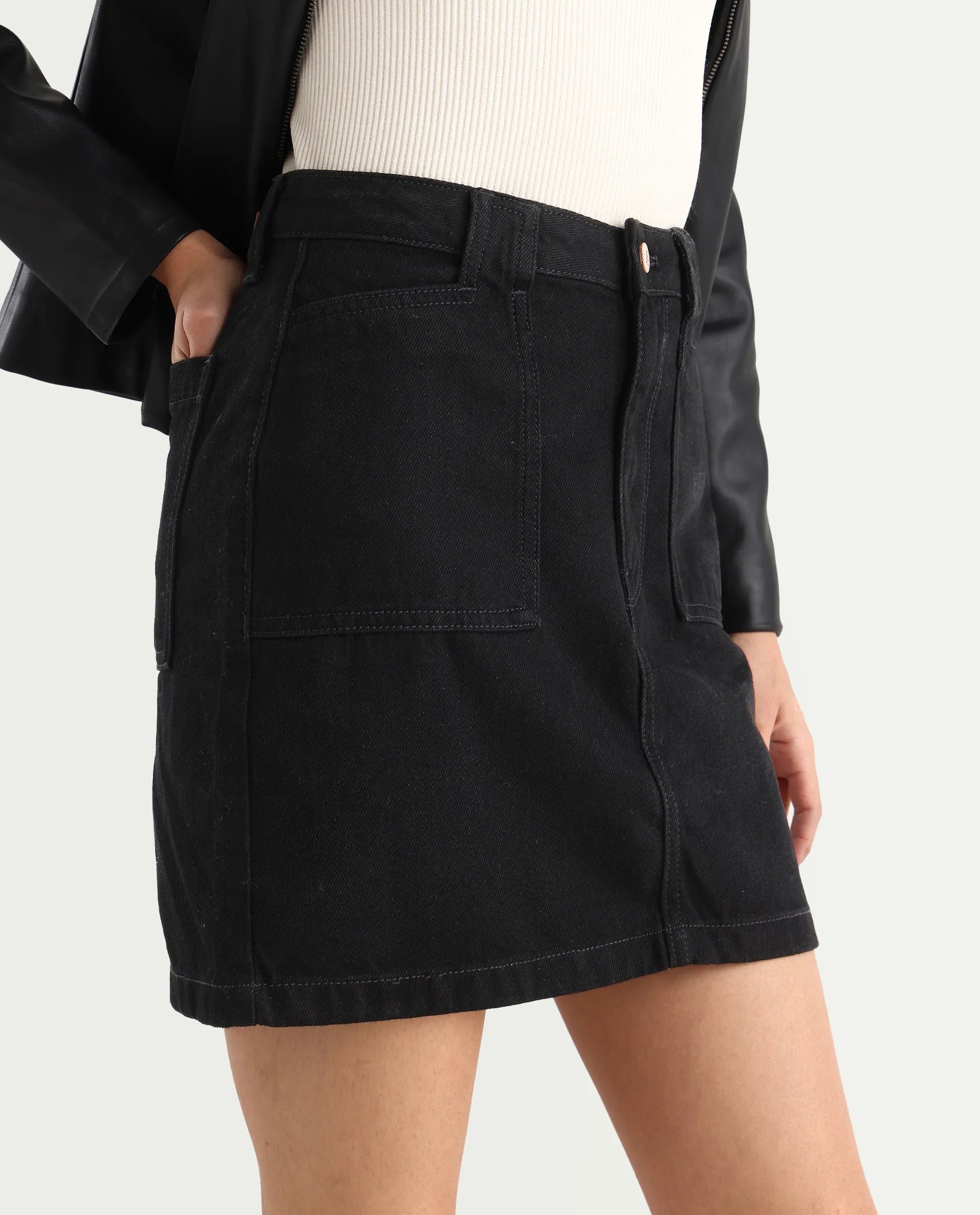 Rareism Women's Misko Black Cotton Plain Mini Straight Fit Skirt