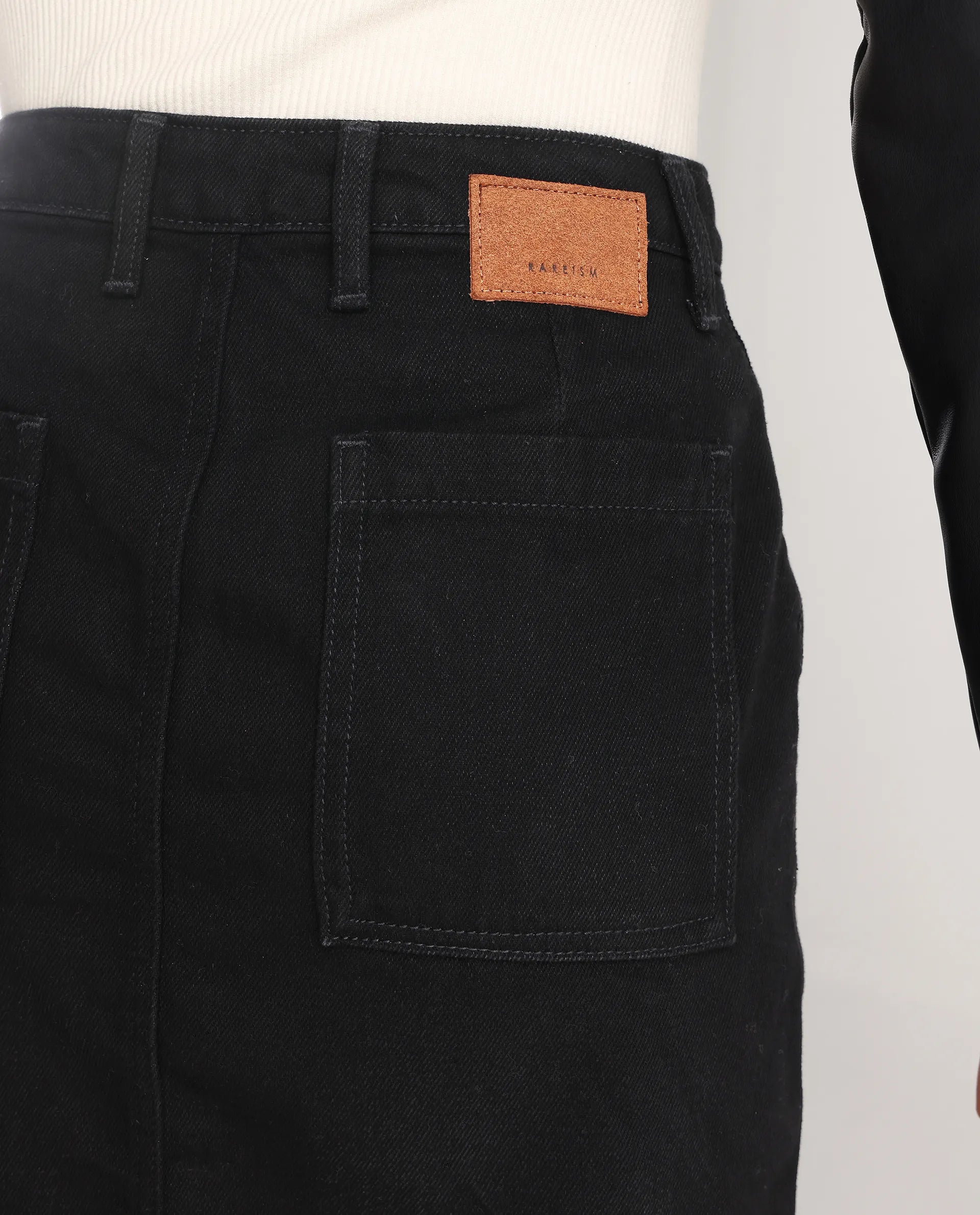 Rareism Women's Misko Black Cotton Plain Mini Straight Fit Skirt