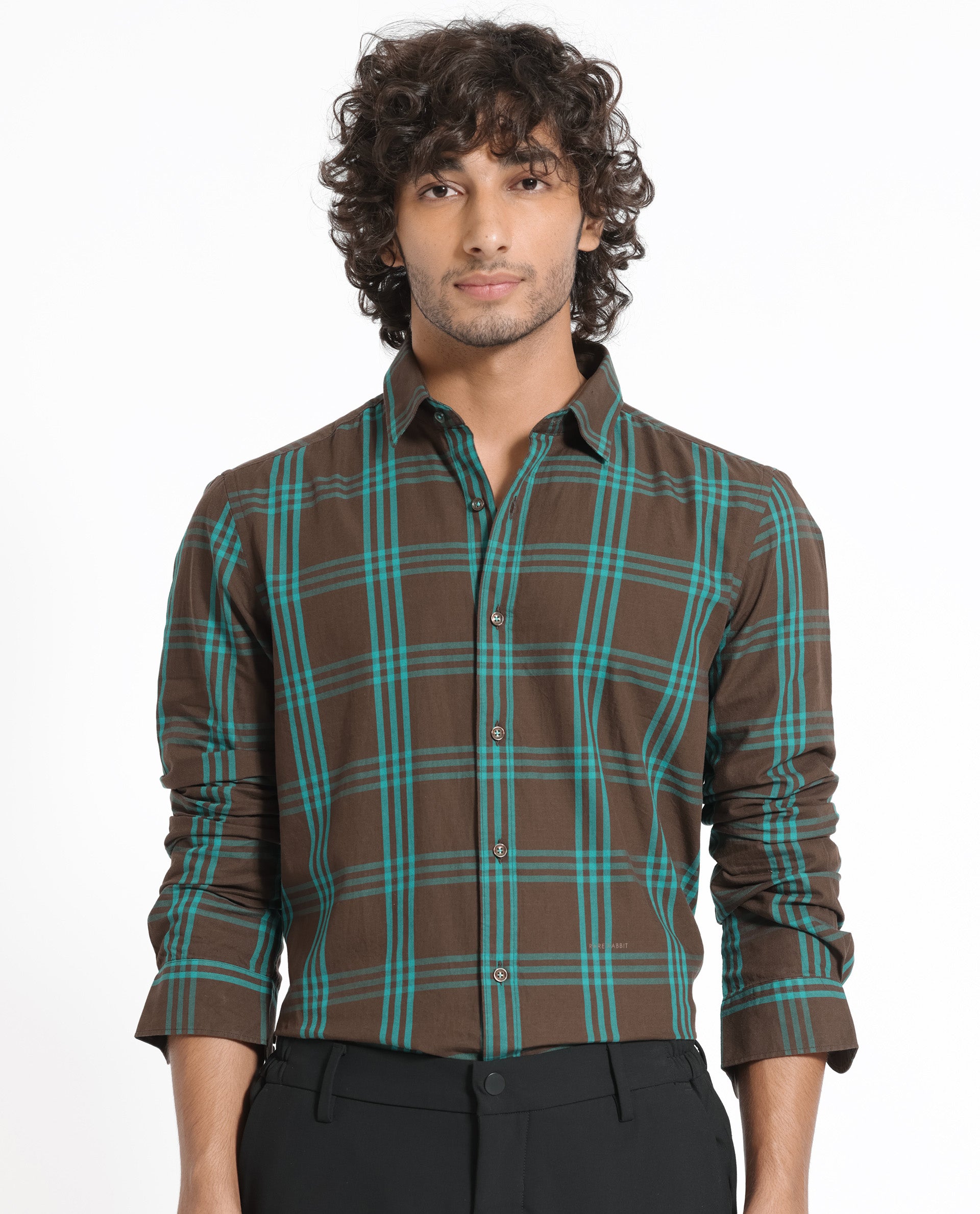 Rare Rabbit Men's Missys Brown Cotton Fabric Full Sleeves Checks Shirt