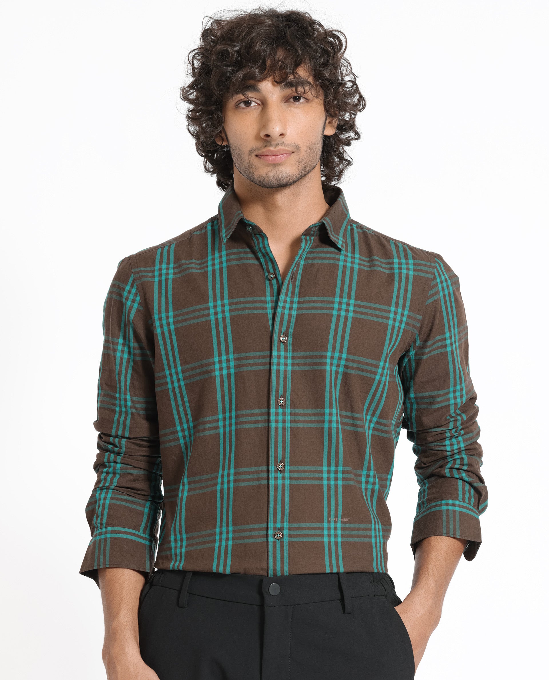 Rare Rabbit Men's Missys Brown Cotton Fabric Full Sleeves Checks Shirt