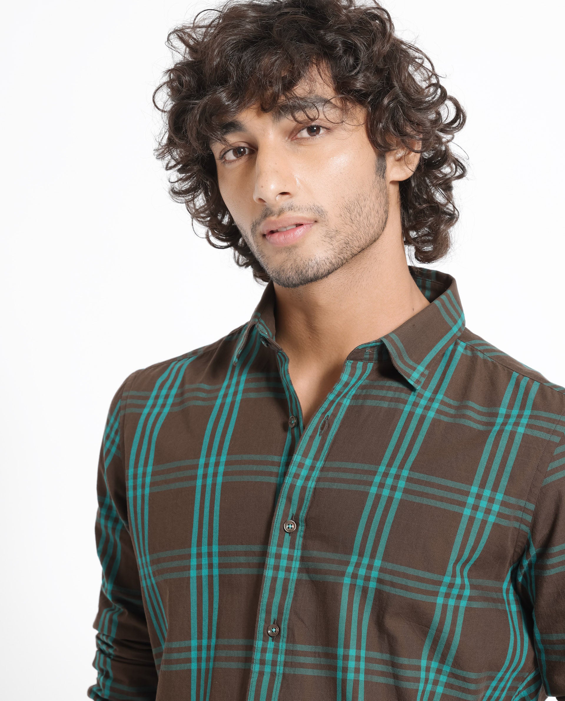 Rare Rabbit Men's Missys Brown Cotton Fabric Full Sleeves Checks Shirt