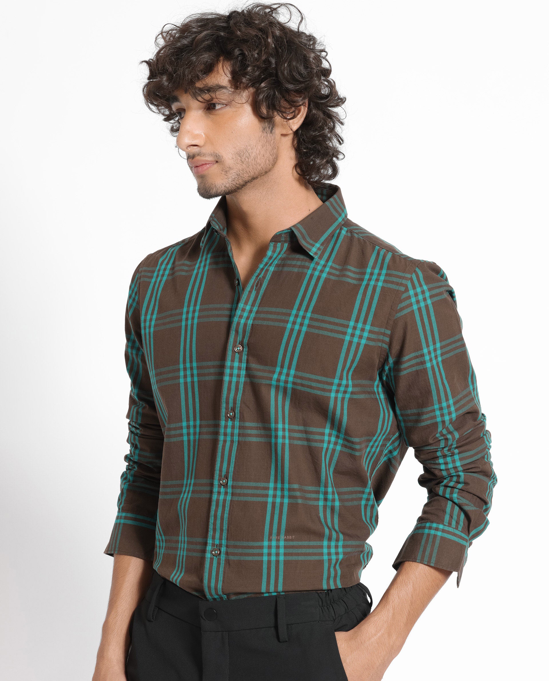 Rare Rabbit Men's Missys Brown Cotton Fabric Full Sleeves Checks Shirt